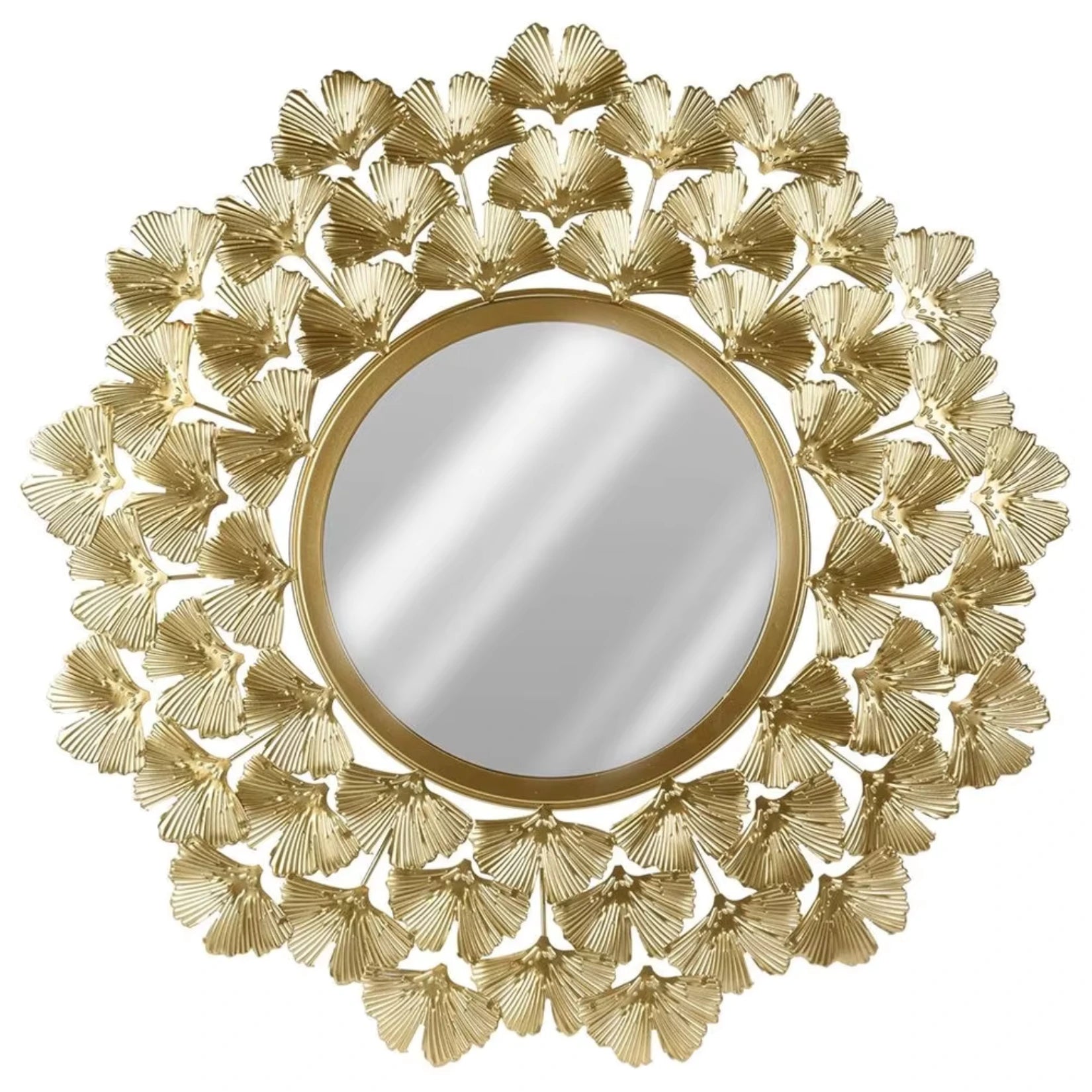 Miroir rond doré design reflétant des éléments naturels et lumineux