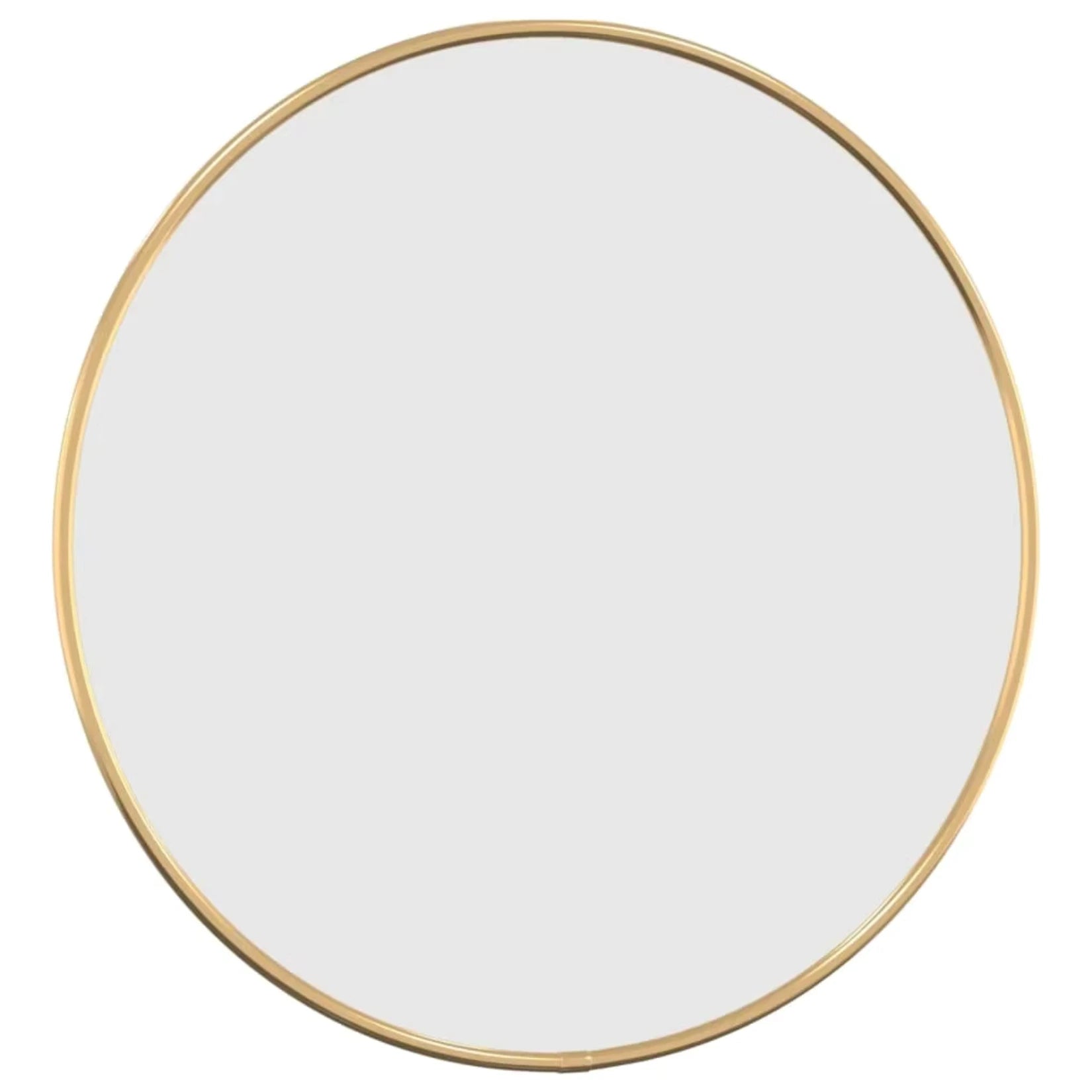 Vue de face du miroir rond doré sur fond blanc, épuré et raffiné.