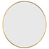 Vue de face du miroir rond doré sur fond blanc, épuré et raffiné.