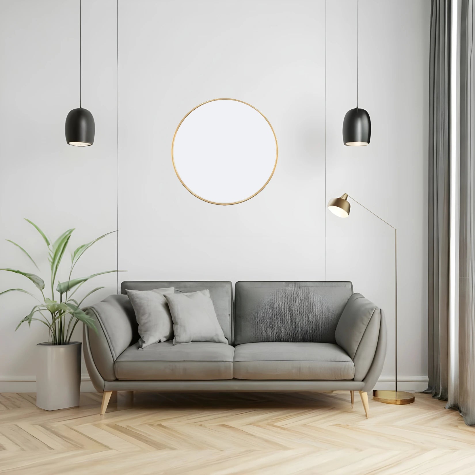 Miroir rond doré suspendu dans un salon au design contemporain élégant.