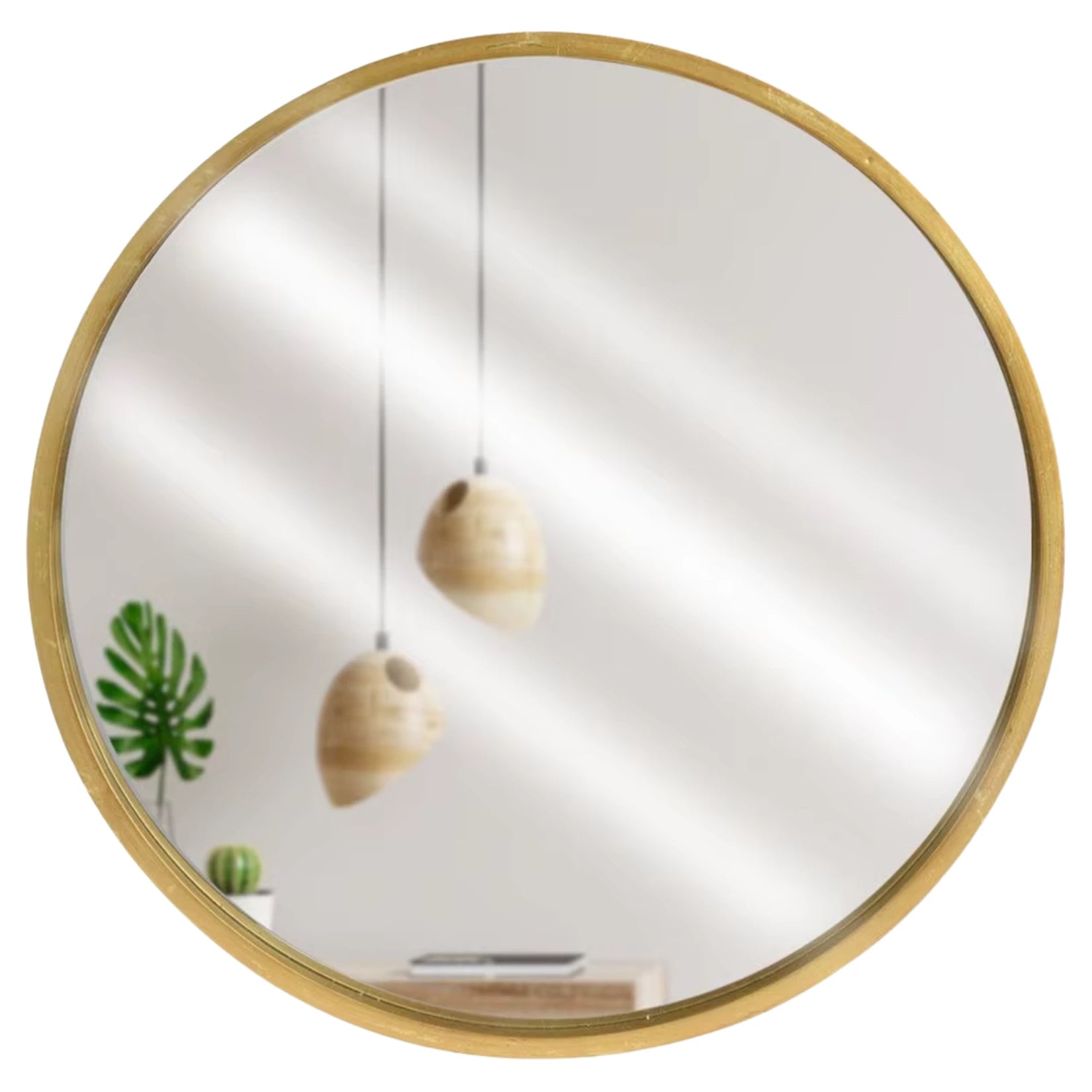 Miroir rond en bois 30 cm avec cadre doré accroché dans un salon lumineux.