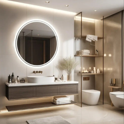 Miroir rond LED design luxe installé dans une salle de bain raffinée