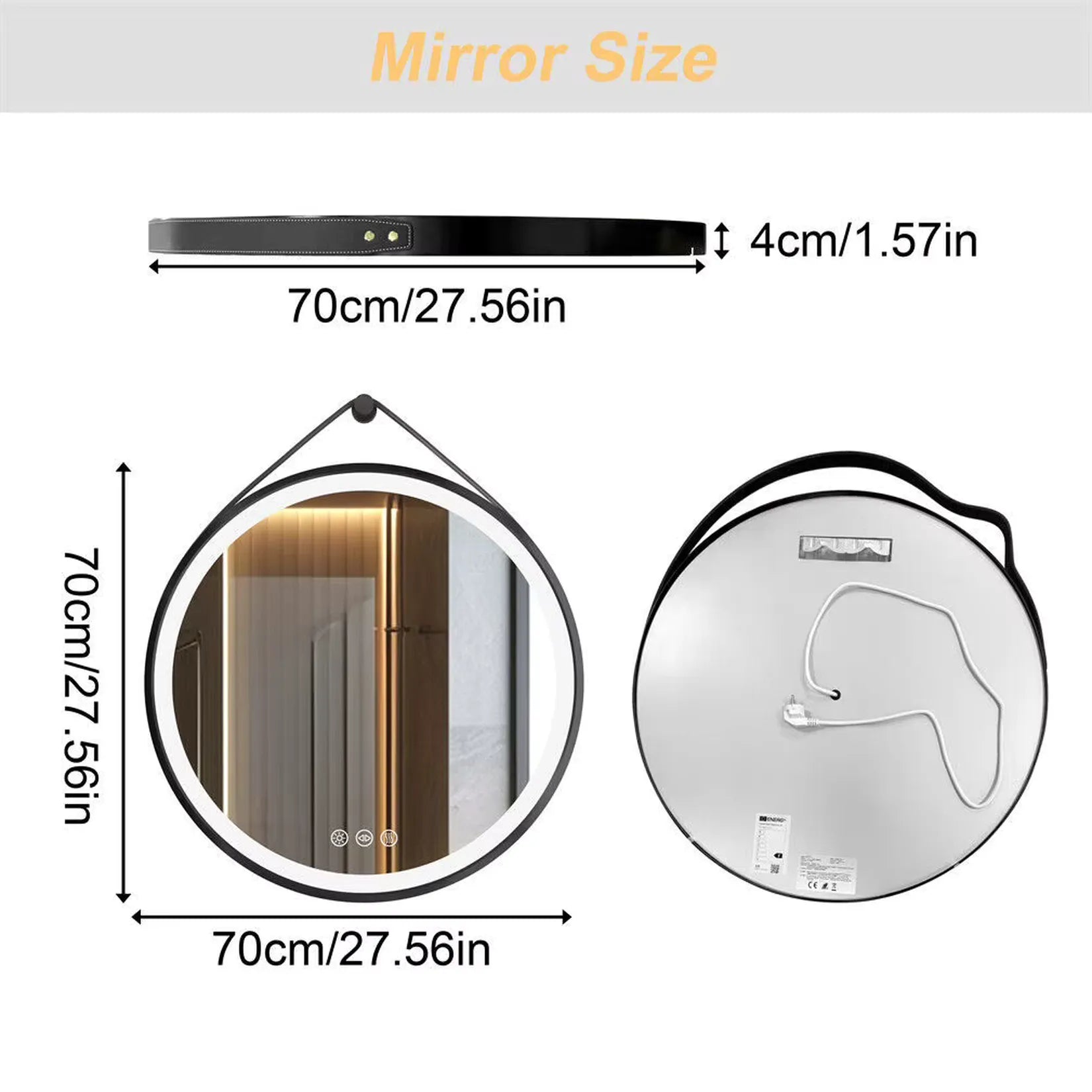 Miroir rond lumineux LED 70 cm – dimensions et vue dos installation.