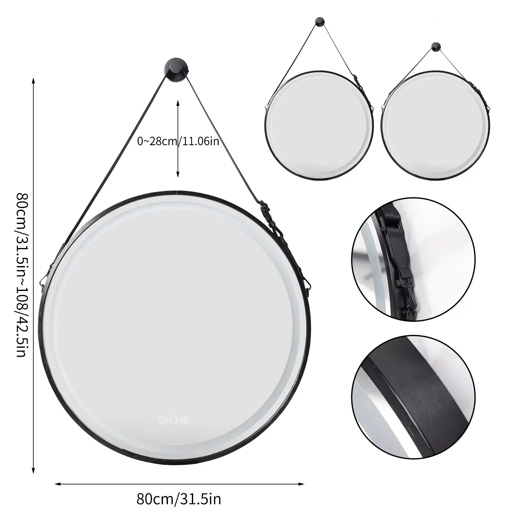 Détails techniques du miroir rond lumineux salle de bain 80 cm avec dimensions, fixation murale et design.