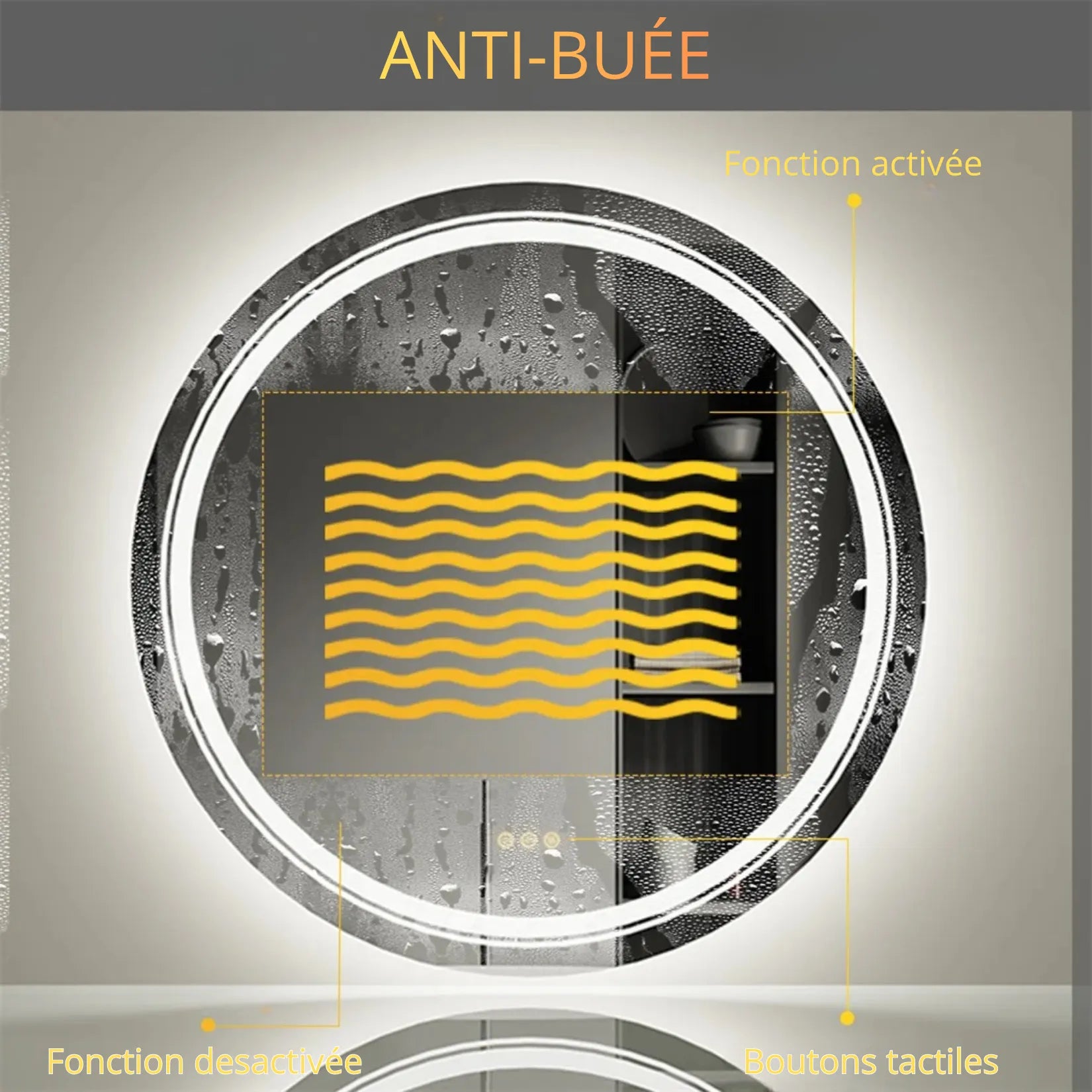 Miroir rond lumineux salle de bain 60 cm – fonction anti-buée et boutons tactiles.