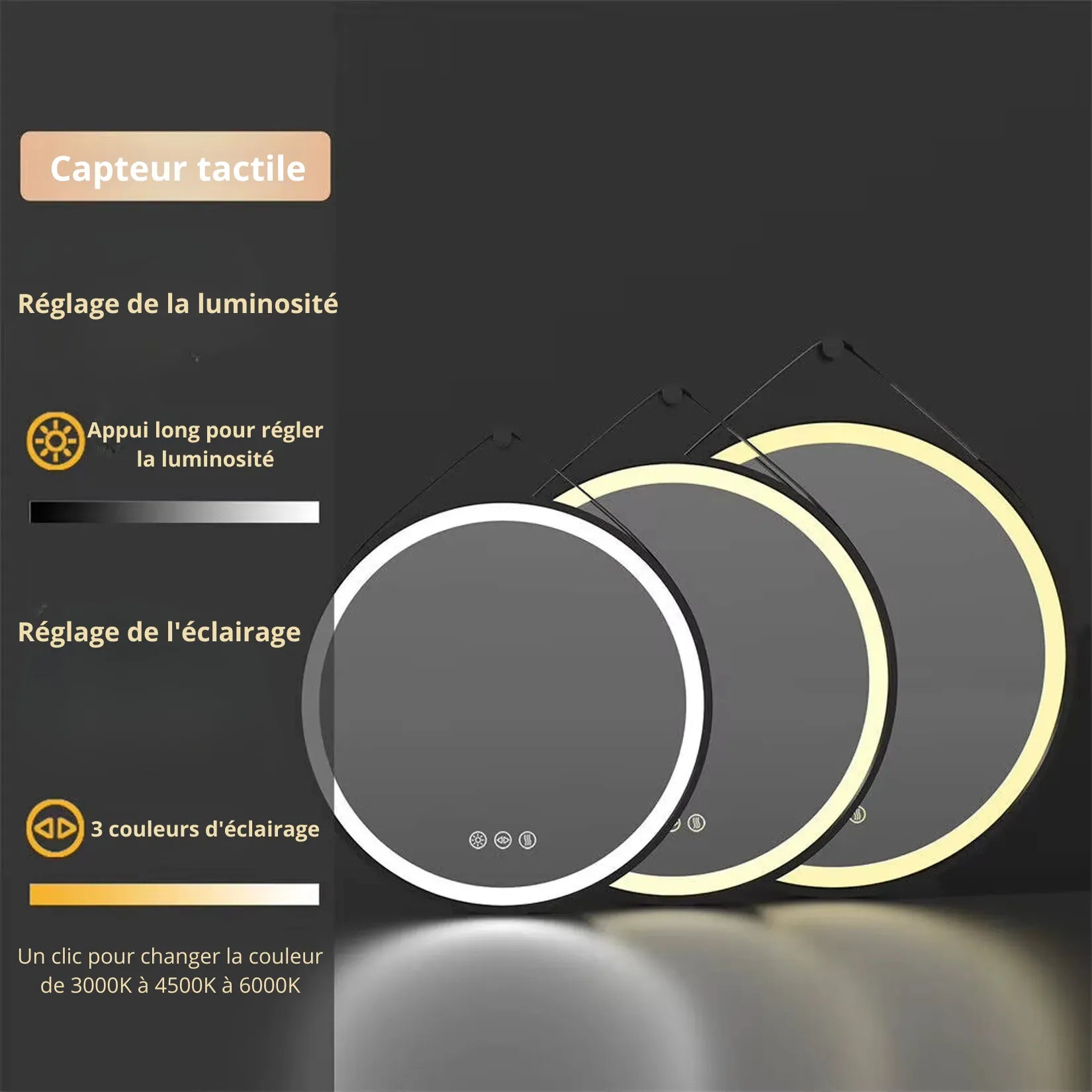 Miroir rond lumineux salle de bain LED – capteur tactile 3 températures de couleur.