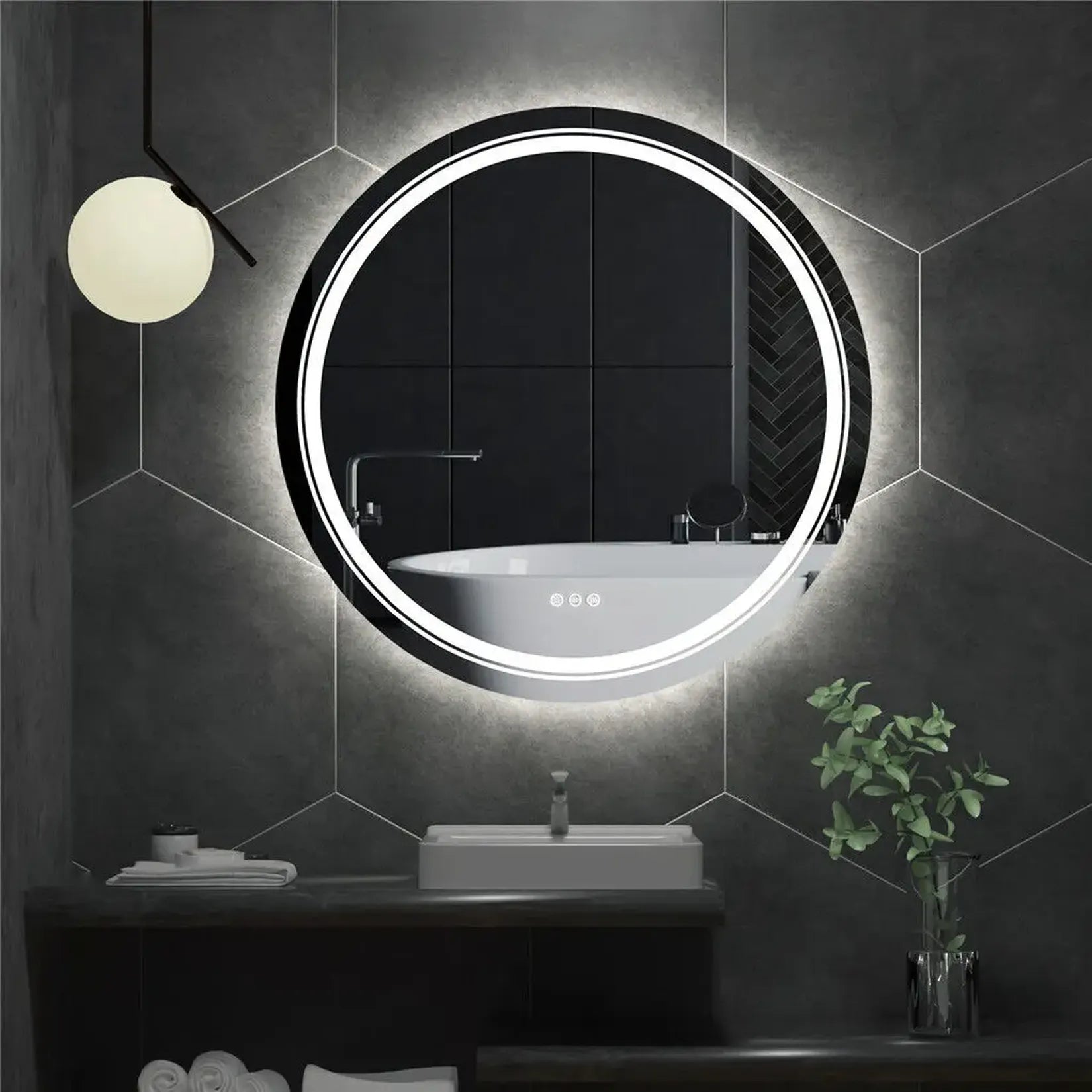 Miroir rond lumineux salle de bain rétroéclairage LED blanc froid – style industriel.