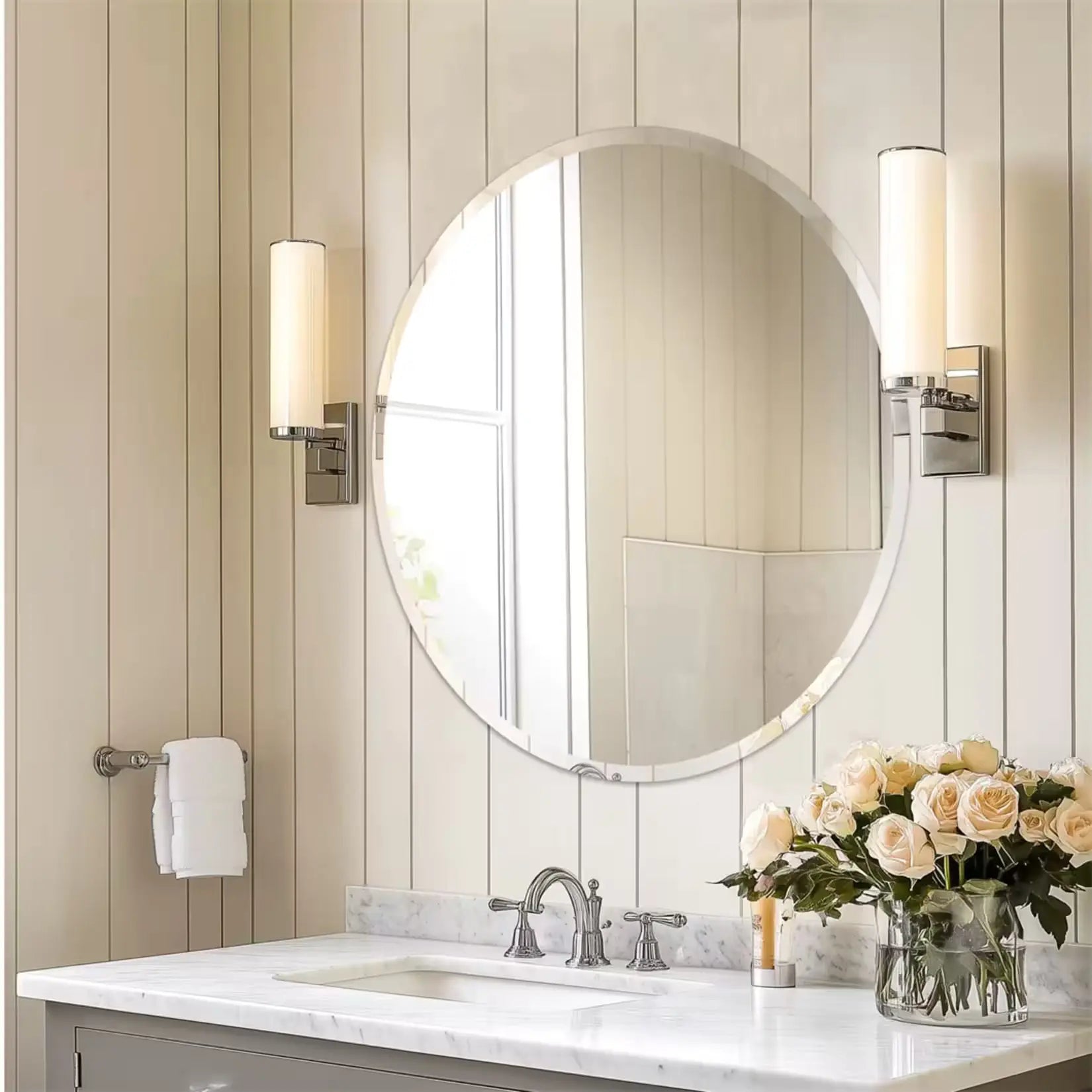 Miroir rond mural éclairé dans une salle de bain élégante.
