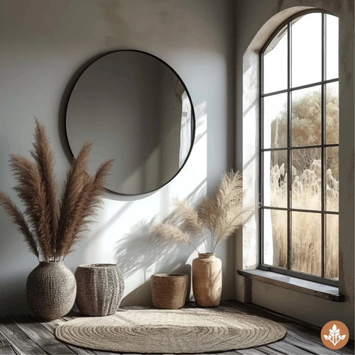 Miroir rond noir 100 cm dans un décor naturel avec plantes séchées et lumière douce, parfait pour un intérieur moderne.