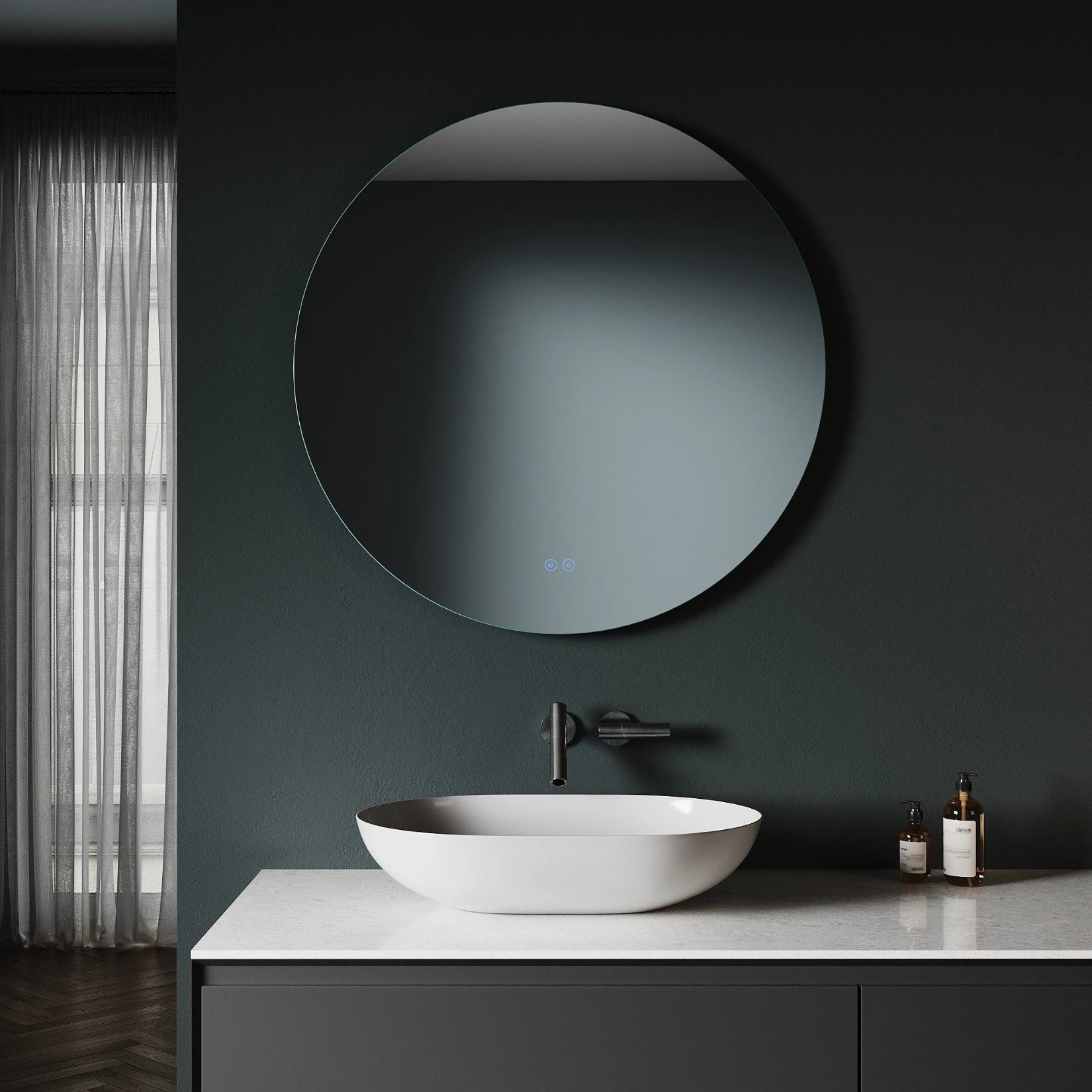 Miroir rond rétro-éclairé 80 cm avec éclairage éteint, mettant en valeur son design épuré et sa surface sans buée.