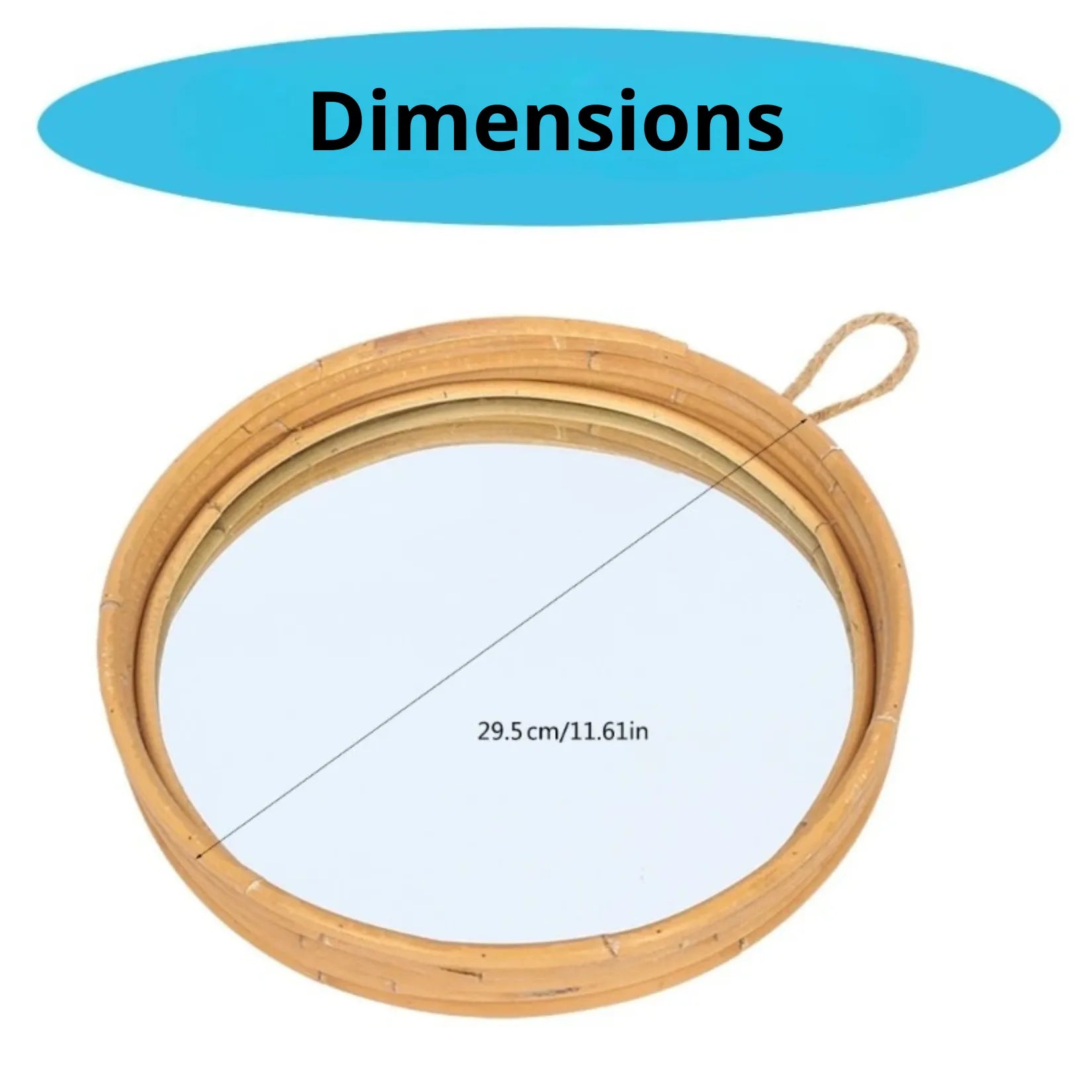 Miroir rond rotin vue de dessus avec indication diamètre 29,5 cm.