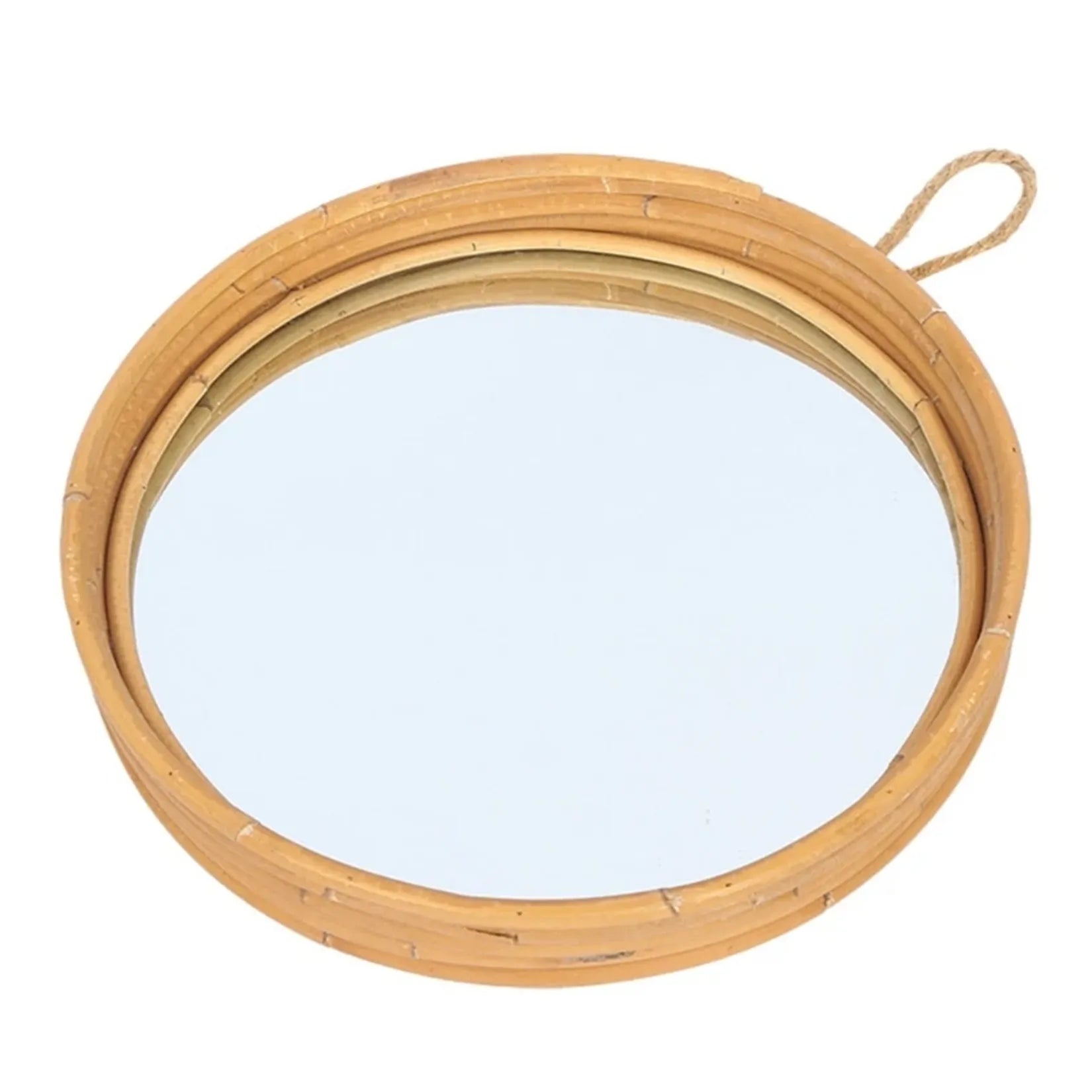 Miroir rond rotin vue ensemble fond blanc avec corde jute.