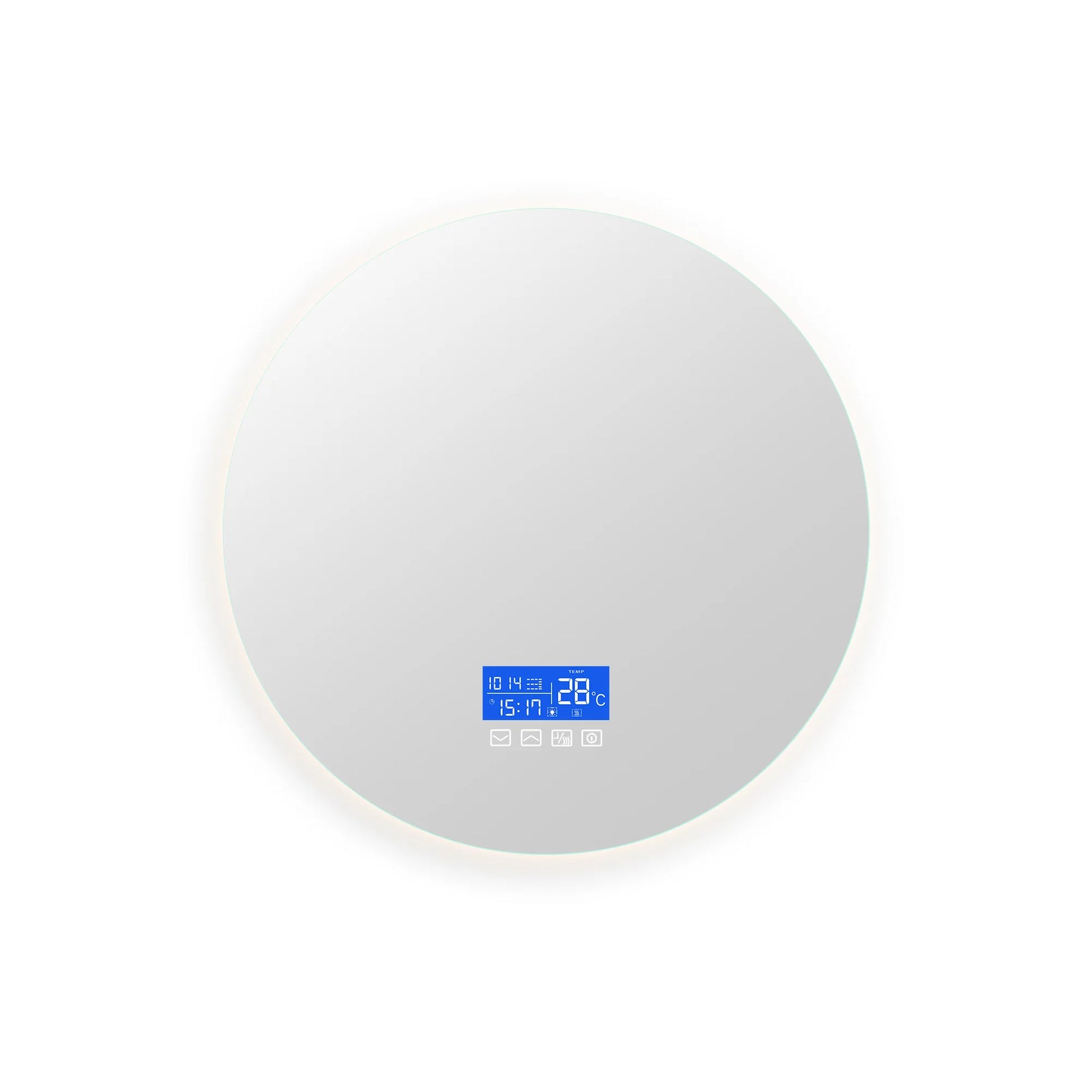 Miroir rond salle de bain LED 60 cm avec affichage digital intégré température et heure.
