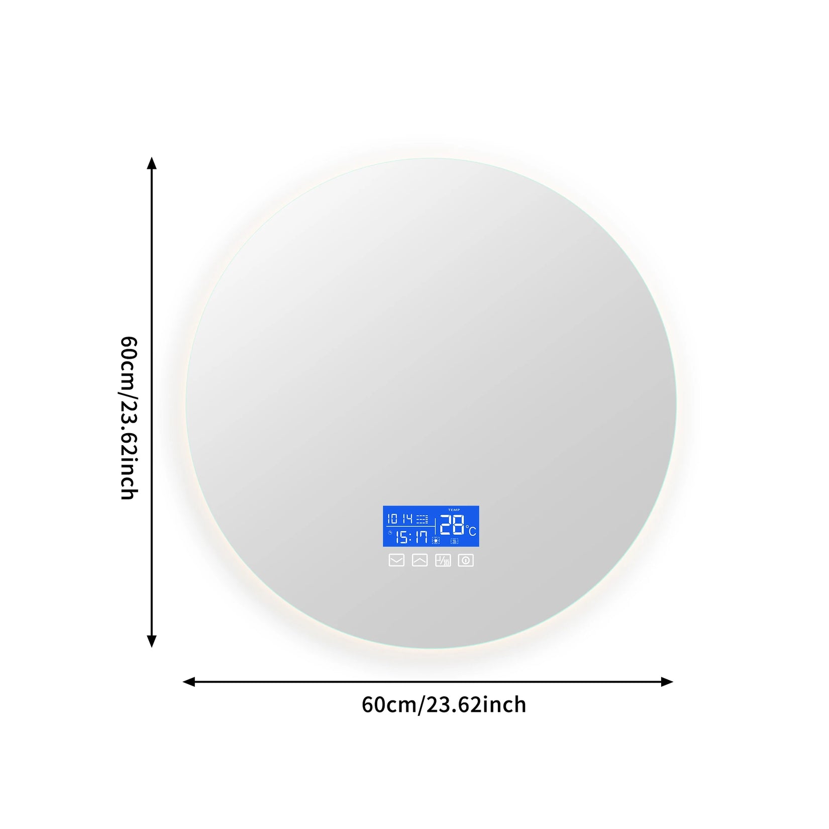 Miroir rond salle de bain LED 60 cm avec affichage digital et dimensions indiquées.