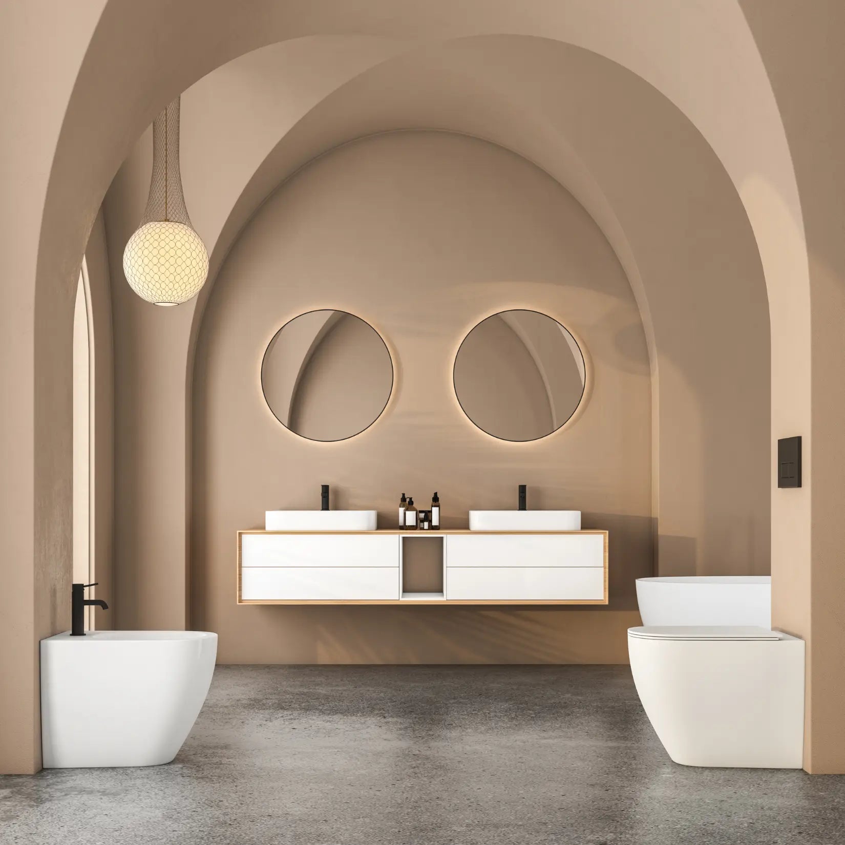 Miroir rond salle de bain LED 60 cm installé au-dessus d’une double vasque mur beige.