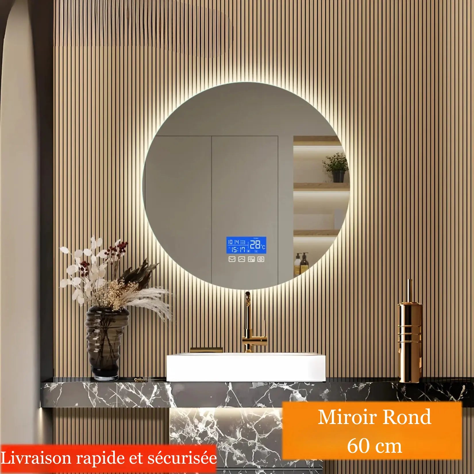 Miroir rond salle de bain LED 60 cm avec expédition rapide depuis l’Allemagne.
