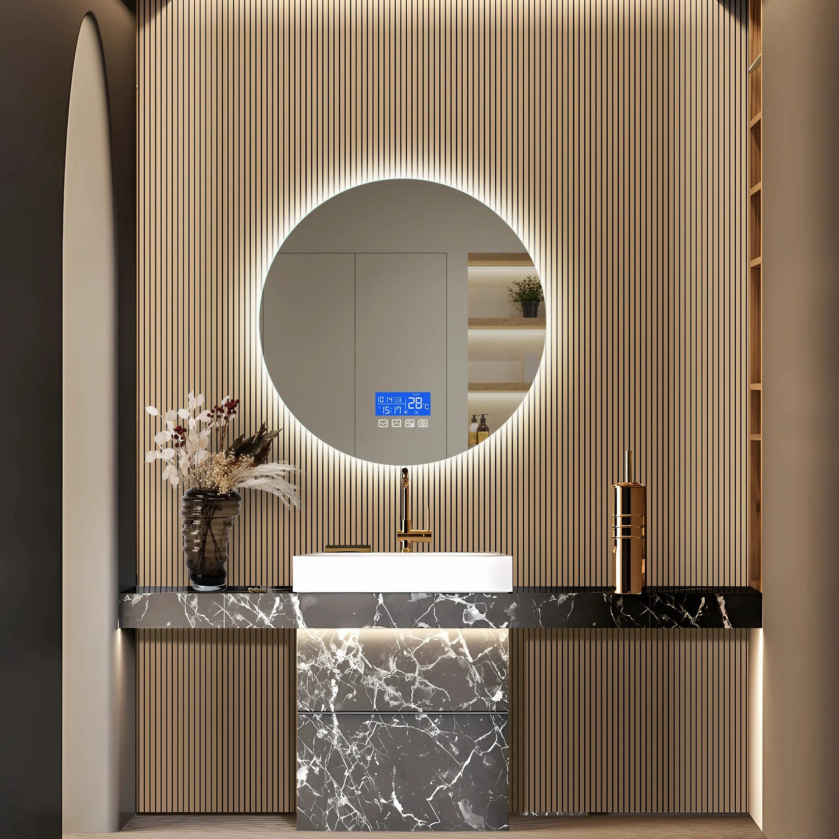 Miroir rond salle de bain 60 cm avec LED et affichage digital, design mural moderne.