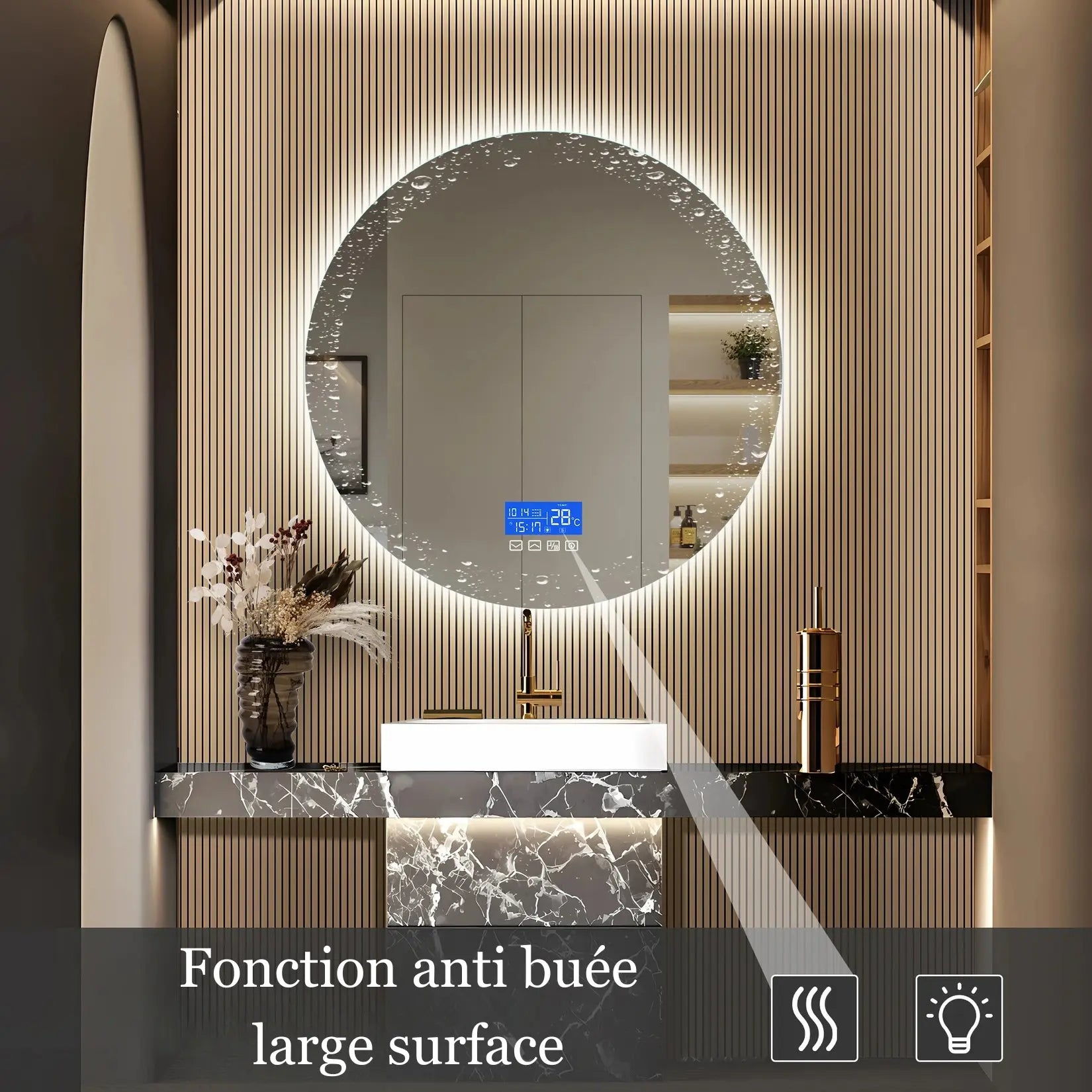 Miroir rond salle de bain 100 cm avec fonction antibuée large surface et éclairage LED.
