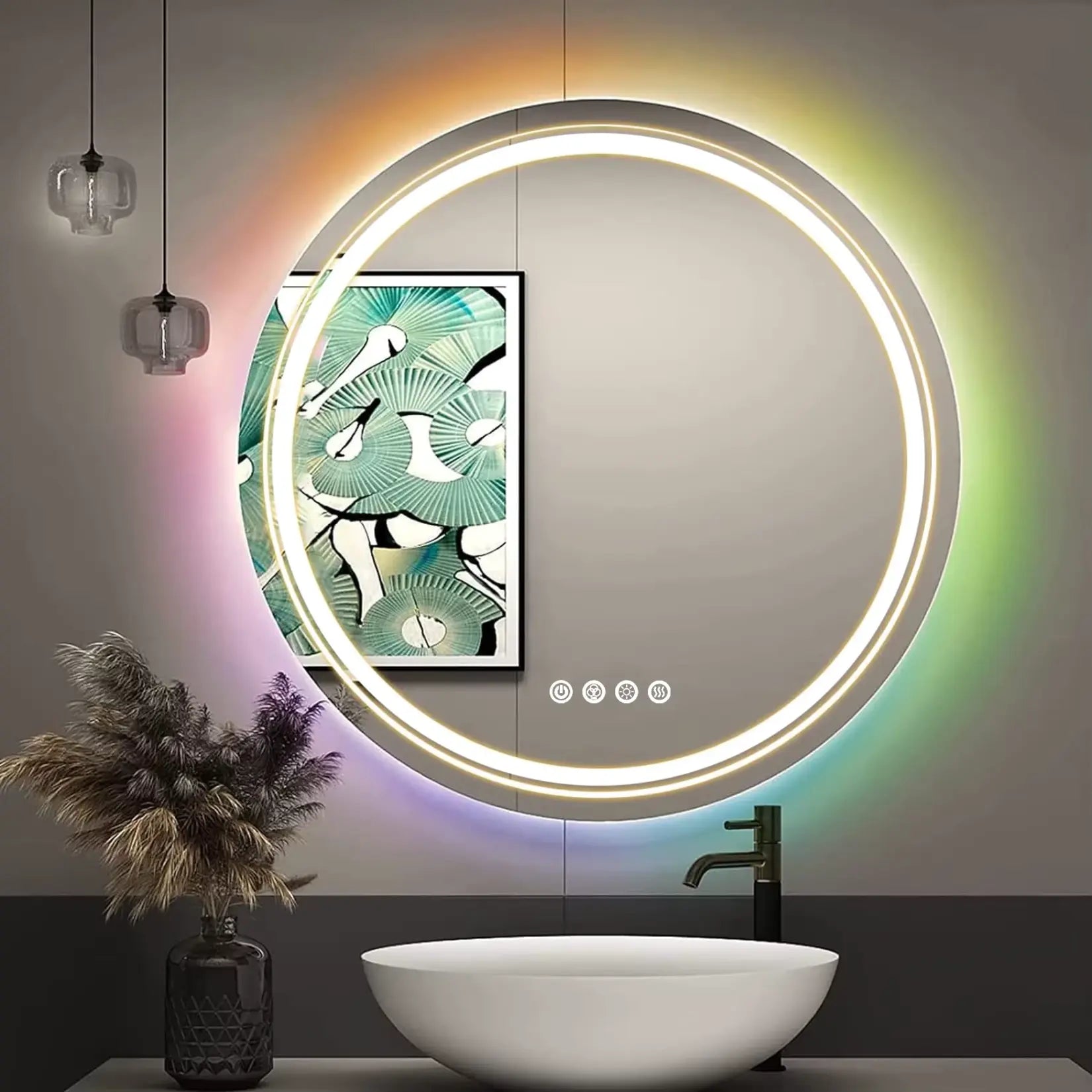 Miroir rond salle de bain lumineux avec éclairage LED et rétroéclairage RGB aux multiples variations de couleurs.