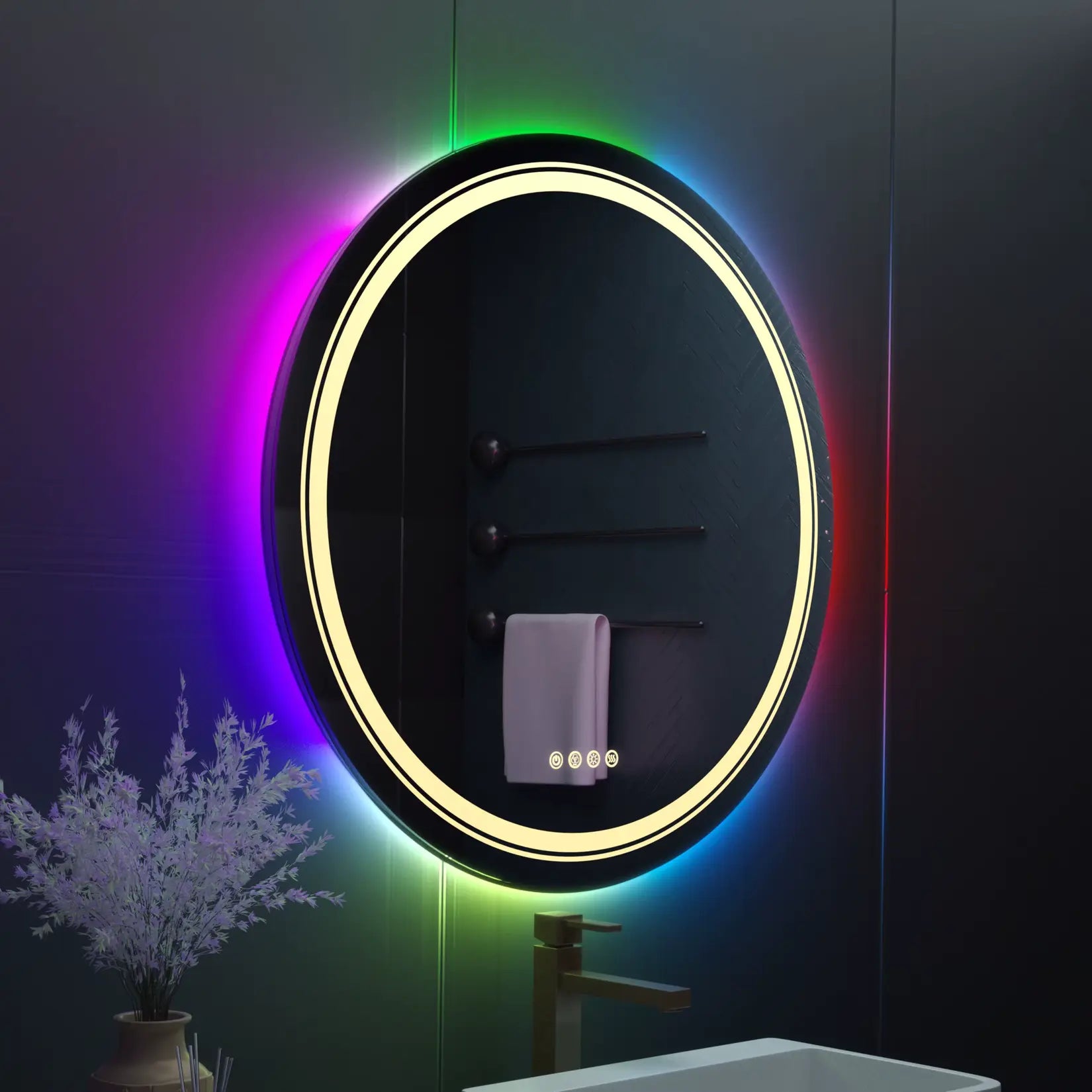 Miroir rond salle de bain lumineux avec rétroéclairage RGB créant une ambiance unique et personnalisée.