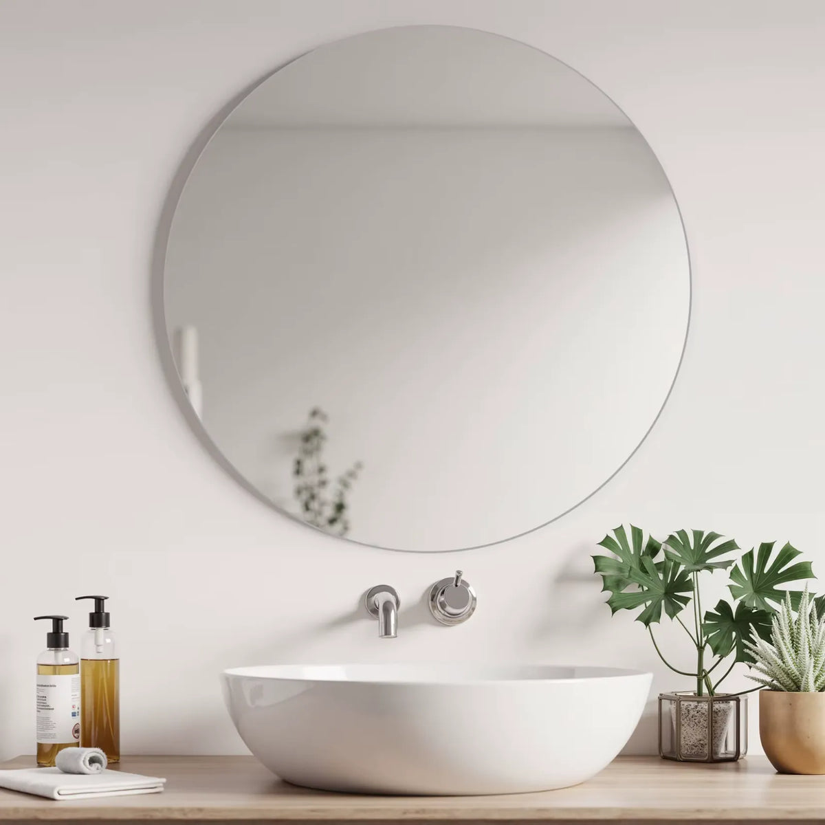 Miroir rond sans cadre de 80 cm au-dessus d'une vasque posée.