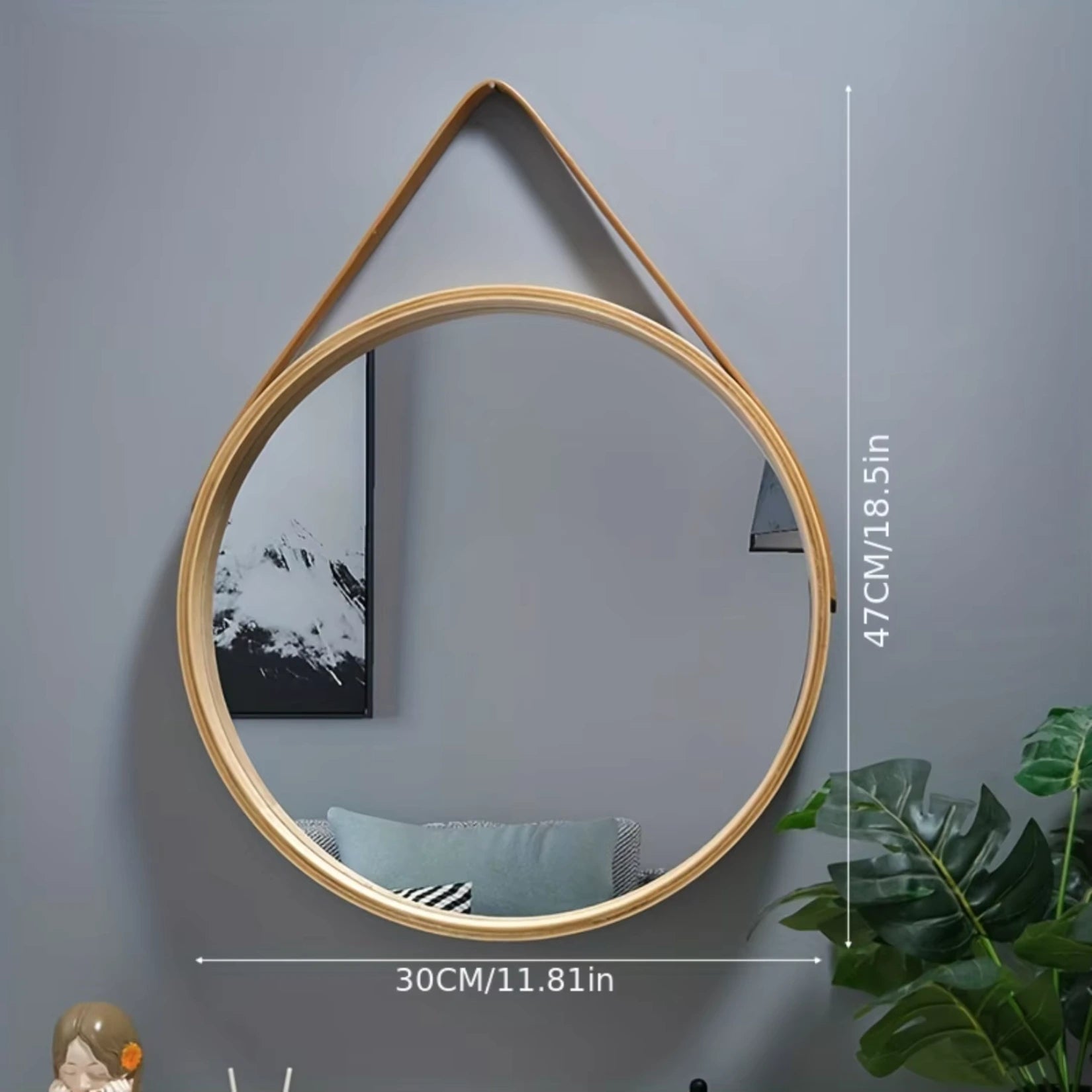 Miroir rond scandinave en bois naturel de 30 cm, suspendu avec une sangle.