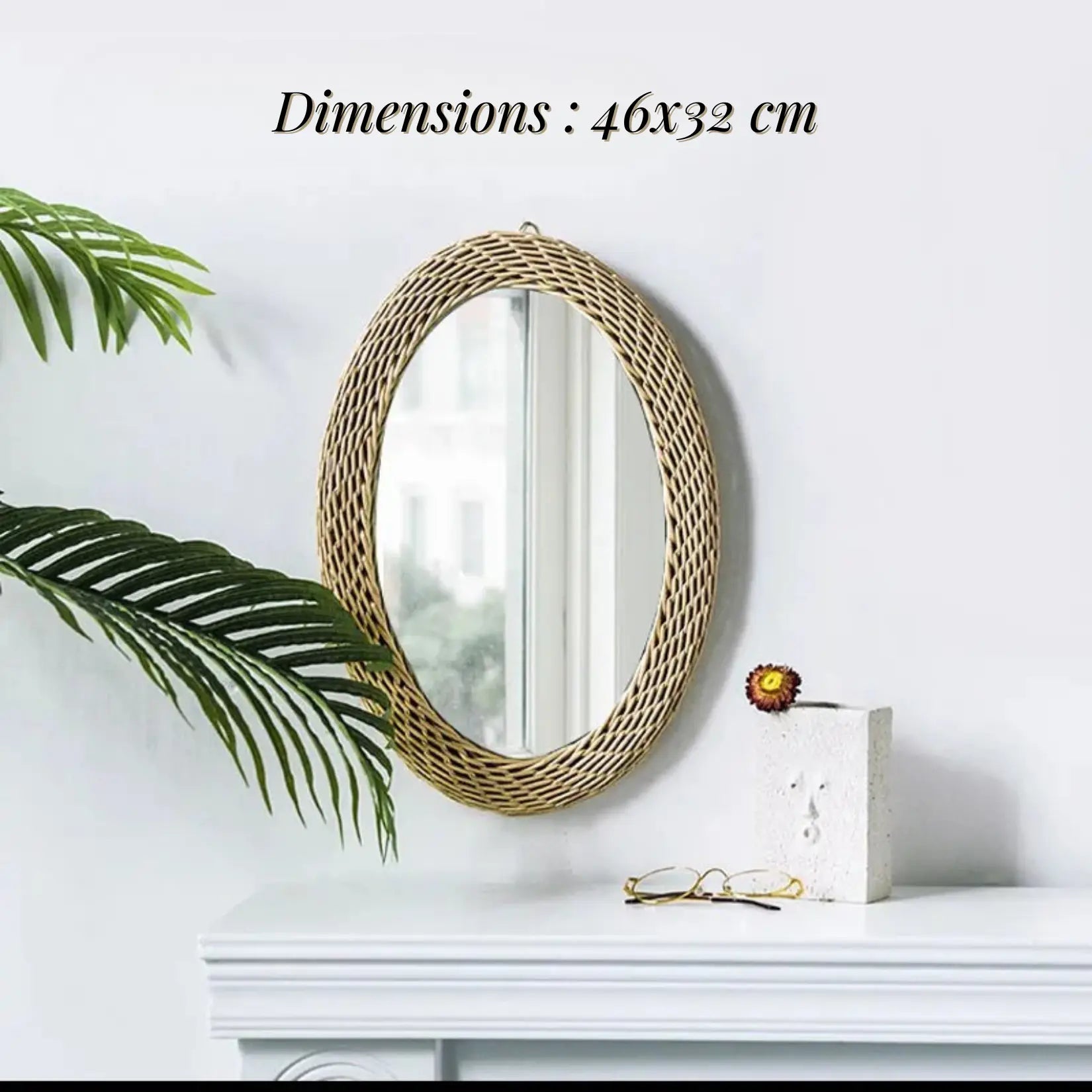 Gros plan du Miroir Rotin Ovale de dimensions 46x32 cm posé sur un mur blanc avec plante verte.