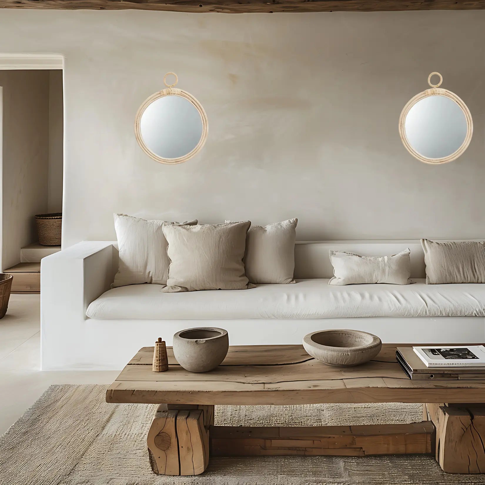 Deux Miroirs Rotin Ronds avec anneau alignés sur un mur clair dans un salon épuré au mobilier en bois et teintes naturelles.