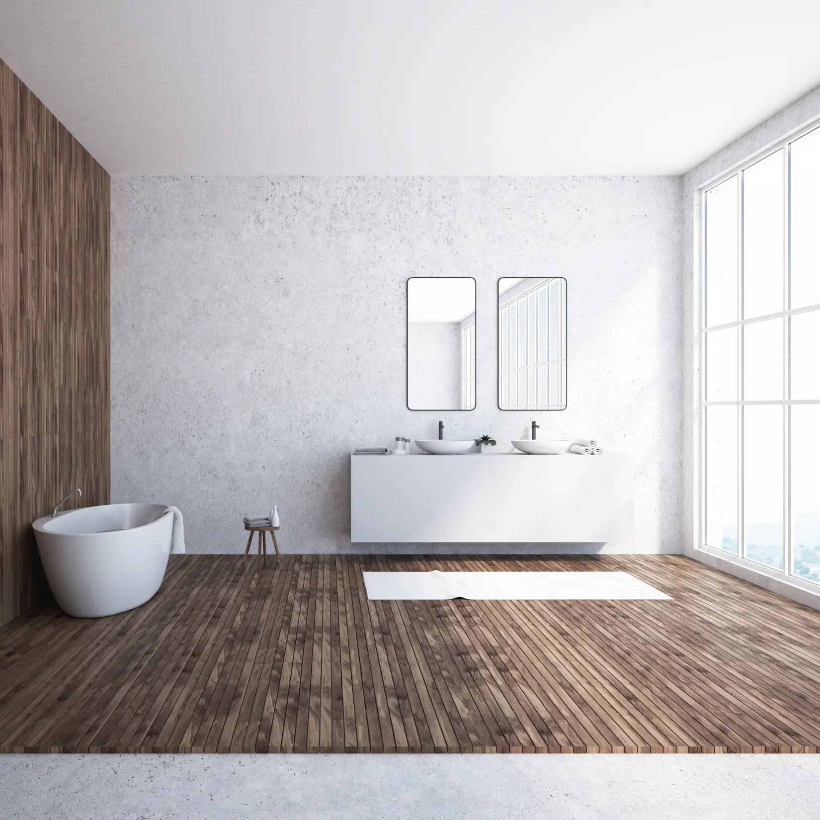 Deux miroirs salle d eau rectangulaires noirs au-dessus d'une double vasque.