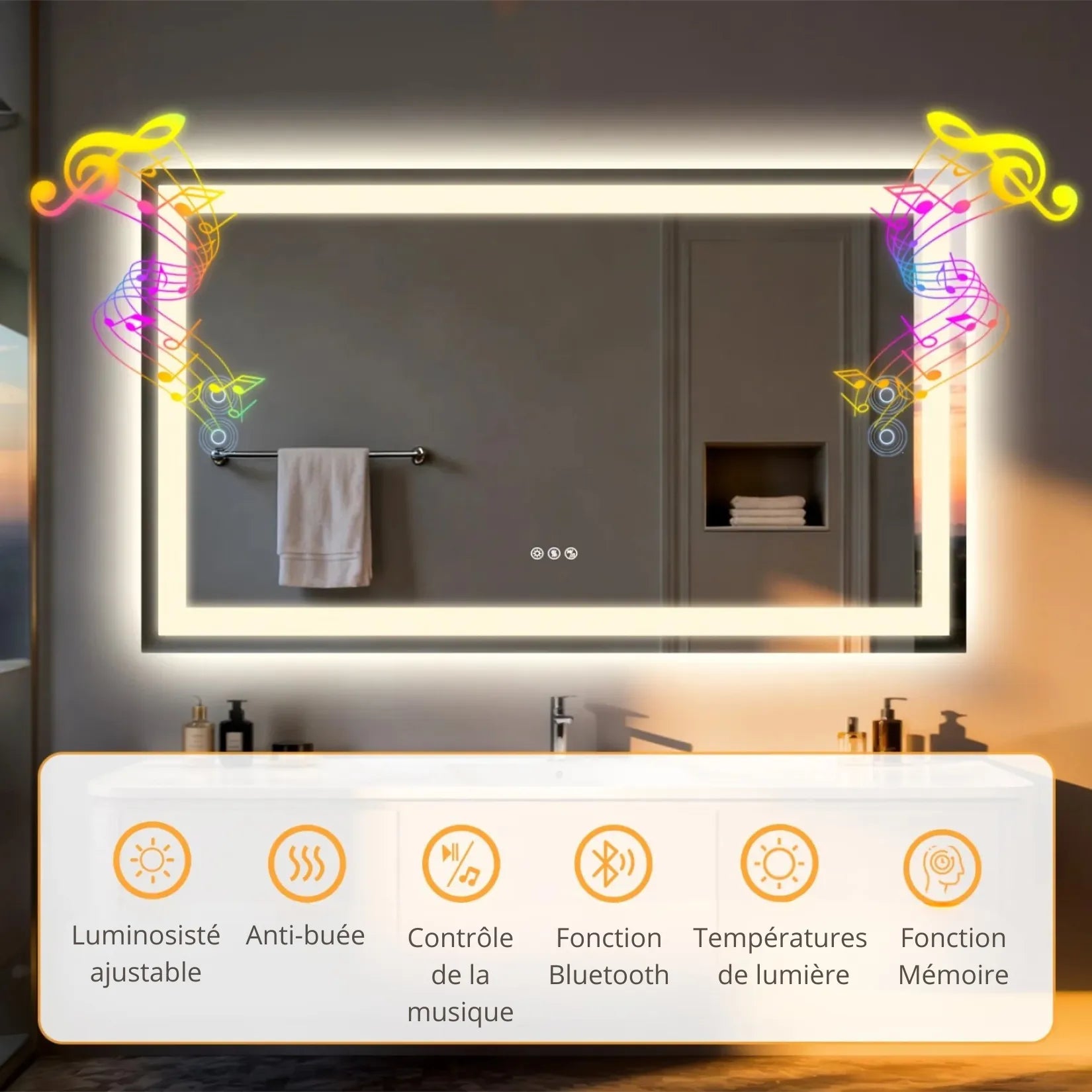 Miroir salle de bain 120 cm Bluetooth LED – panneau des 6 fonctions principales.