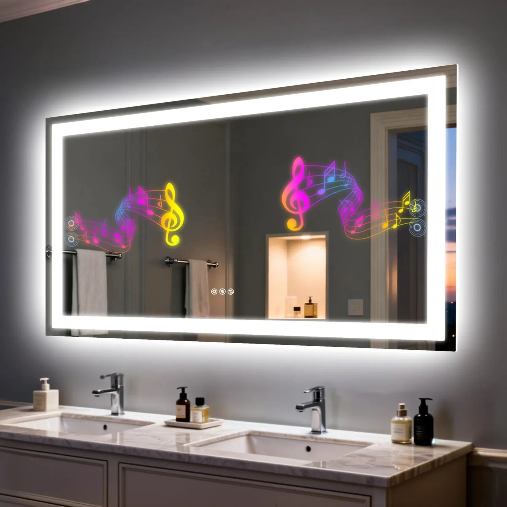 Miroir salle de bain 120 cm rétroéclairé LED sur meuble double vasque.