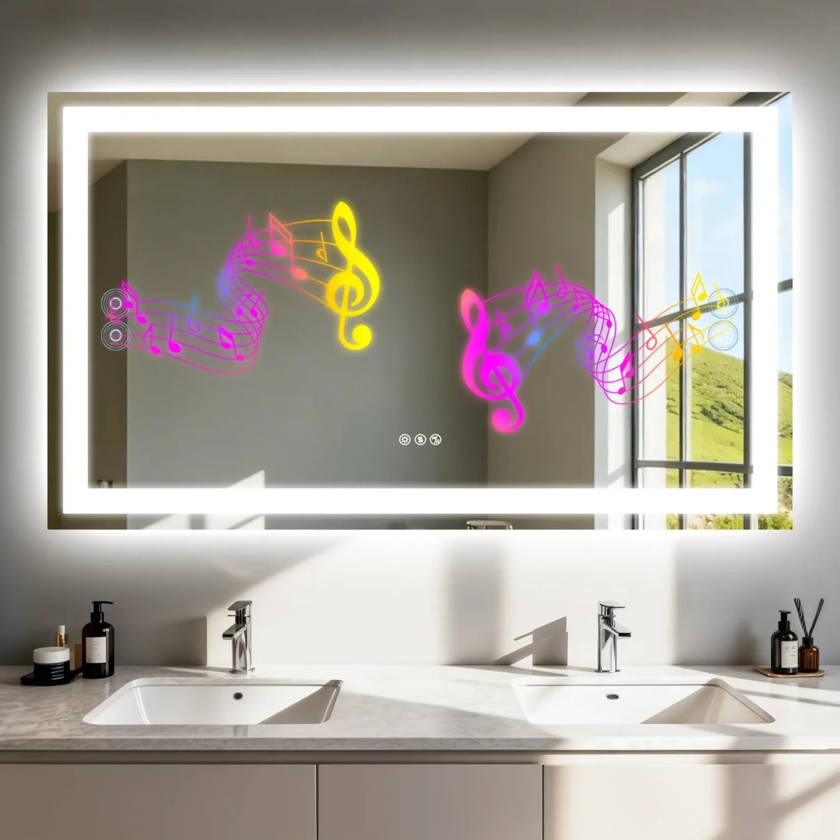 Miroir salle de bain 120 cm LED lumineux au-dessus double vasque.