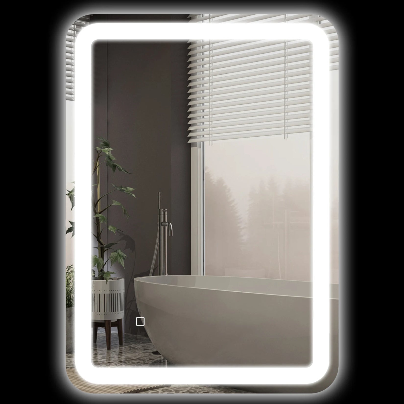 Gros plan du cadre lumineux du miroir salle de bain 50x70, LED uniformes et coins arrondis.