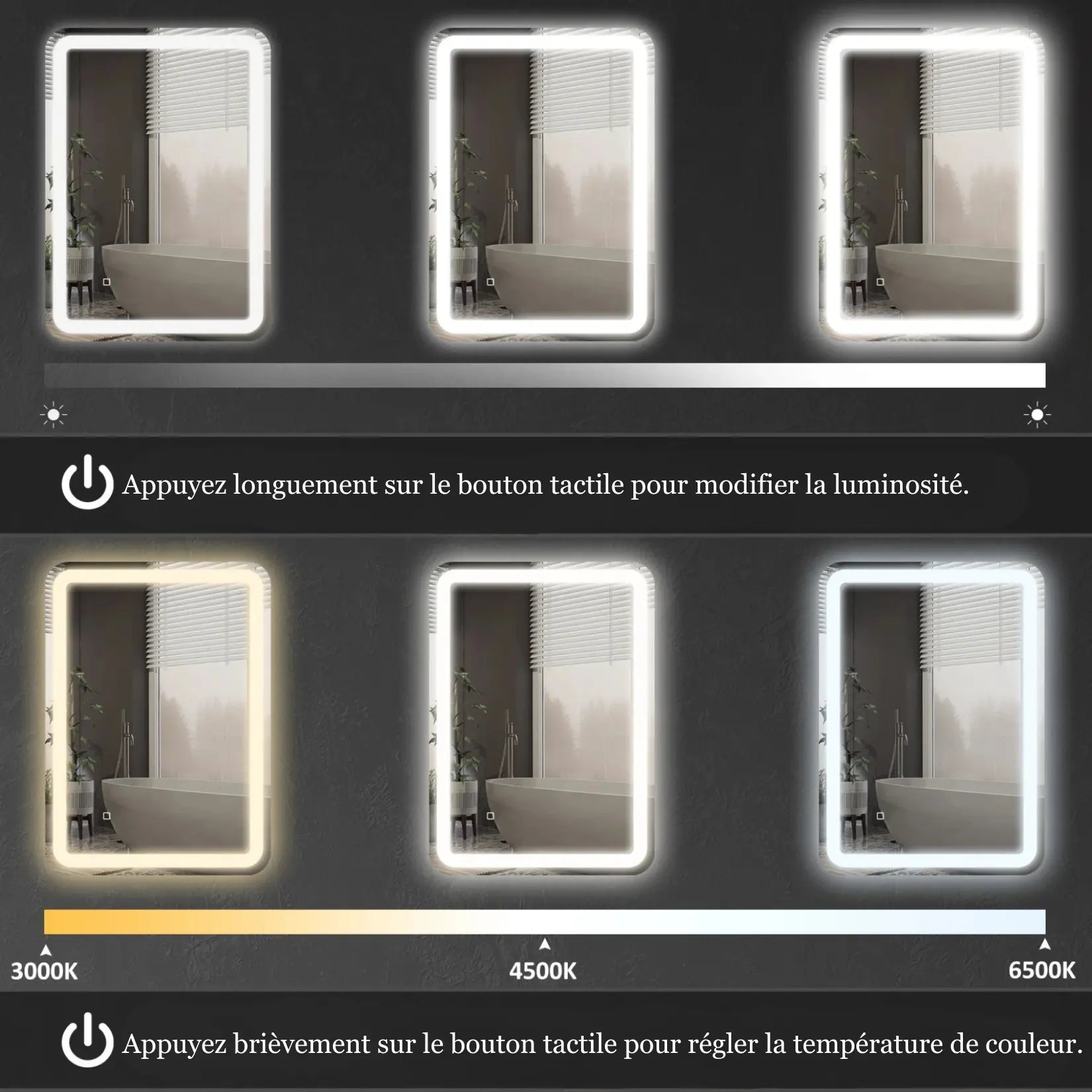 Miroir salle de bain 50x70 LED avec variation de luminosité et 3 températures de couleur 3000K, 4500K et 6500K.
