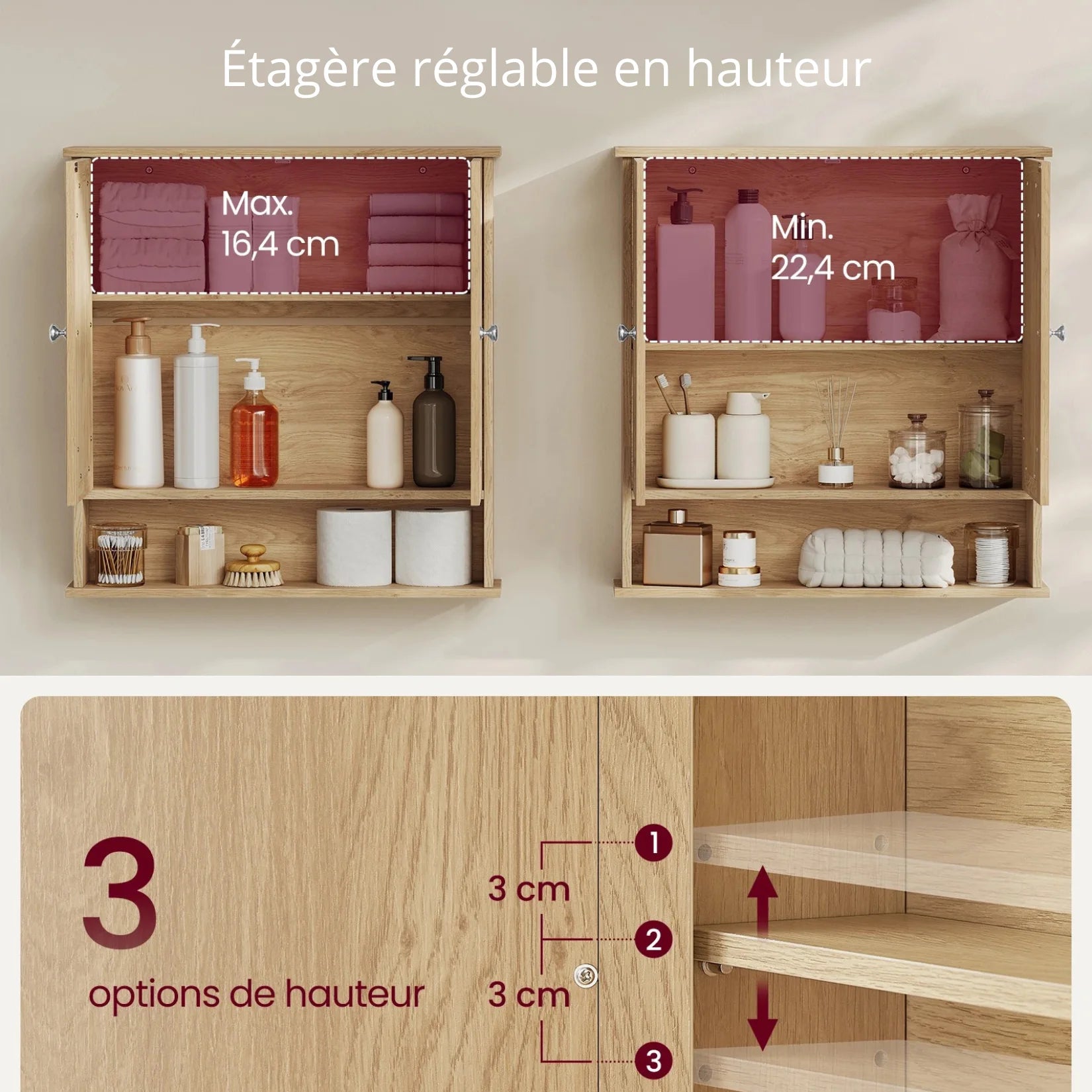 Miroir salle de bain avec rangement et étagère réglable sur 3 niveaux.