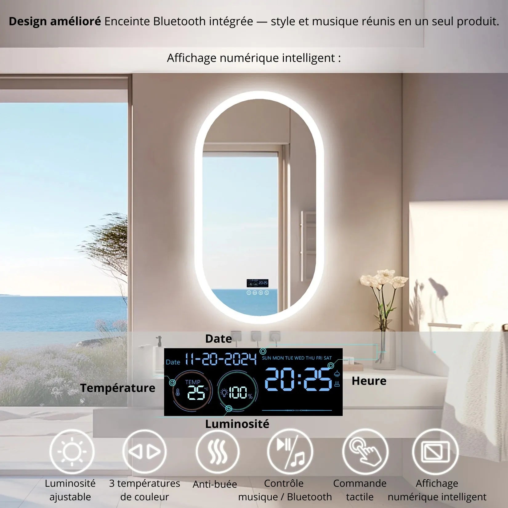 Miroir salle de bain Bluetooth – affichage heure, date, température, luminosité.