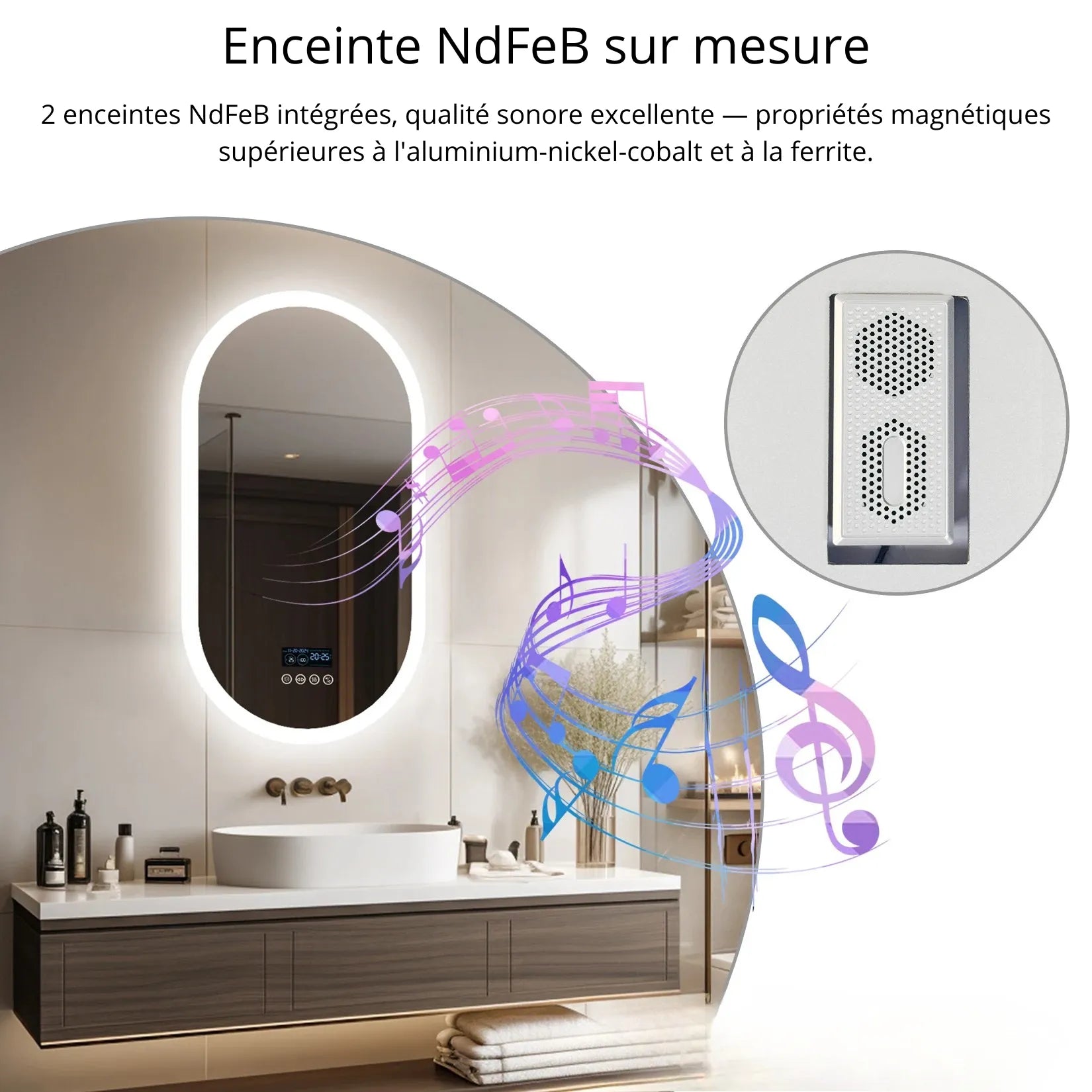 Miroir salle de bain Bluetooth – 2 enceintes NdFeB intégrées haute fidélité.