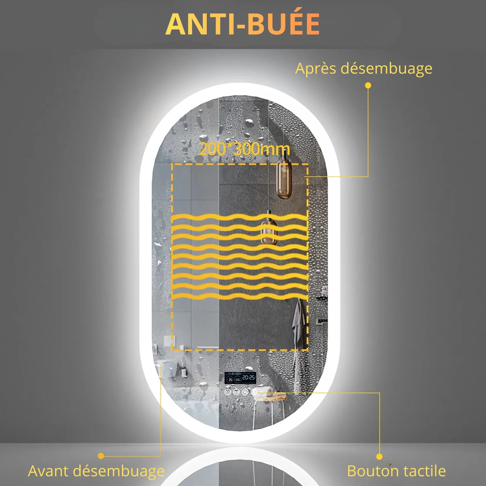 Miroir salle de bain Bluetooth 120x60 cm – fonction anti-buée zone 200x300 mm.