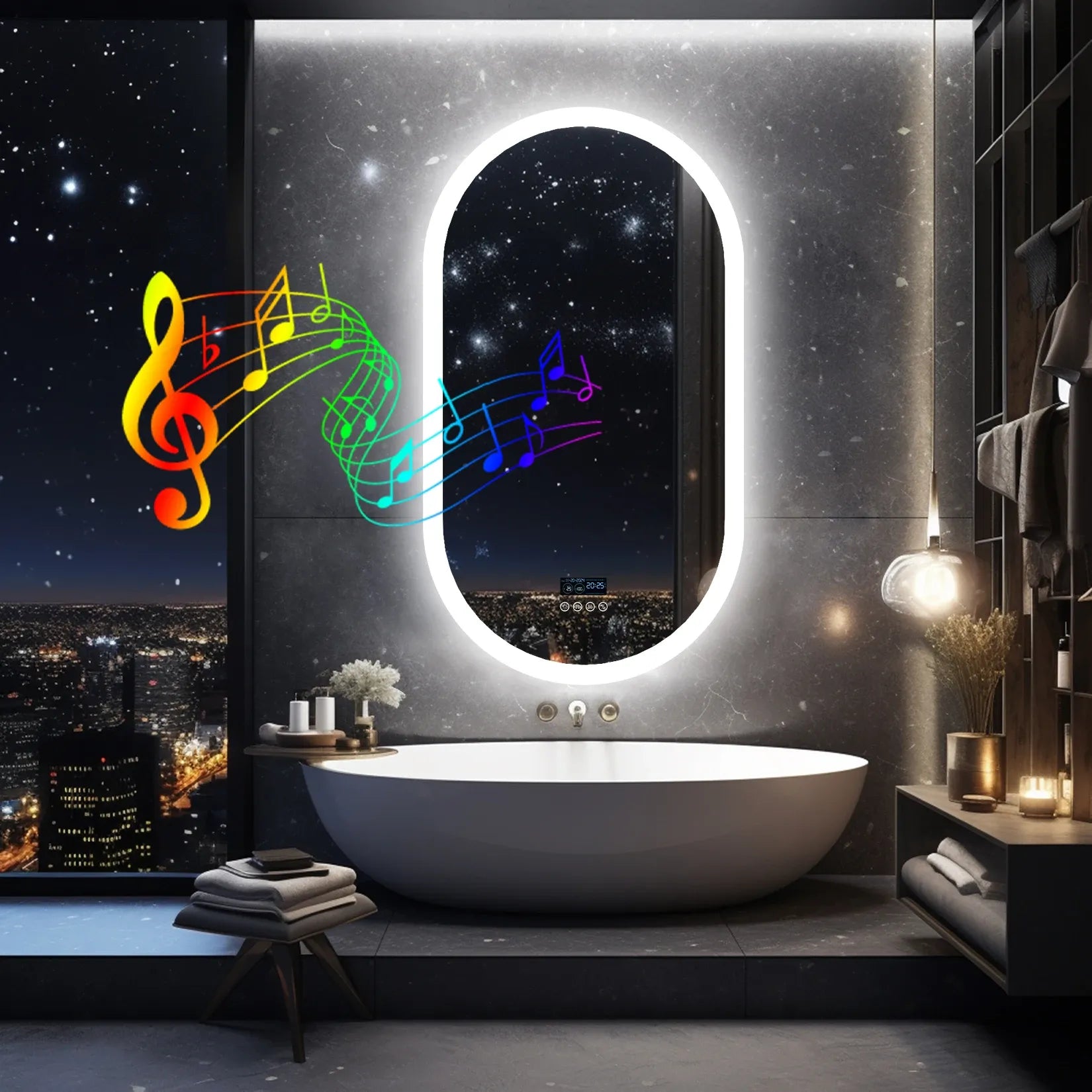 Miroir salle de bain Bluetooth LED ovale – ambiance nocturne baignoire îlot.