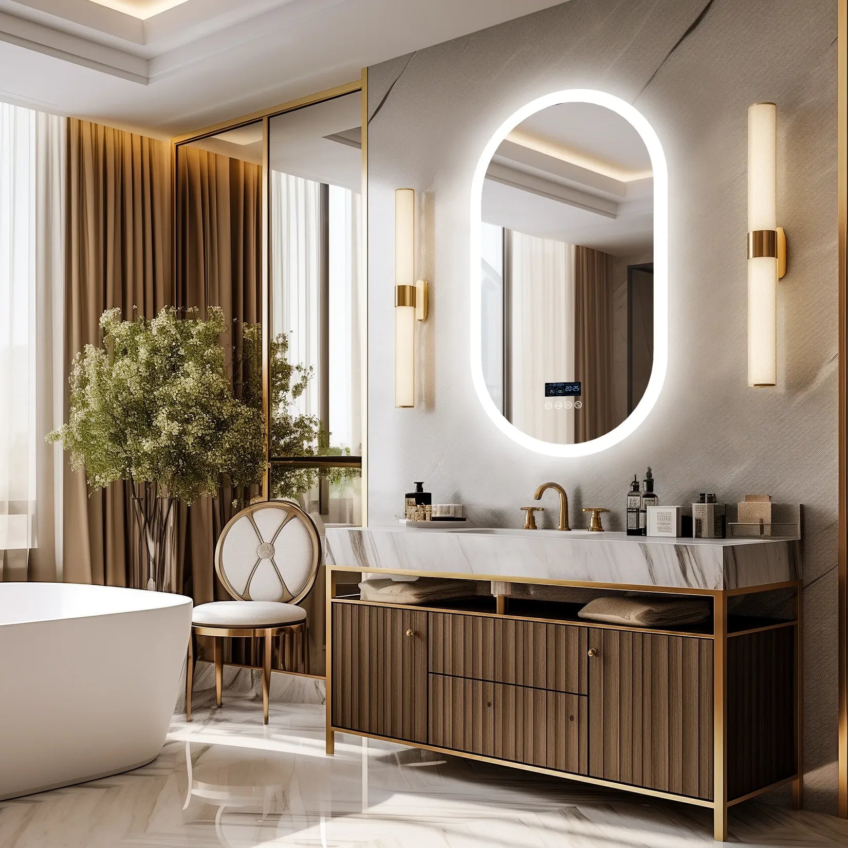 Miroir salle de bain Bluetooth ovale – décoration luxe dorée vasque marbre.