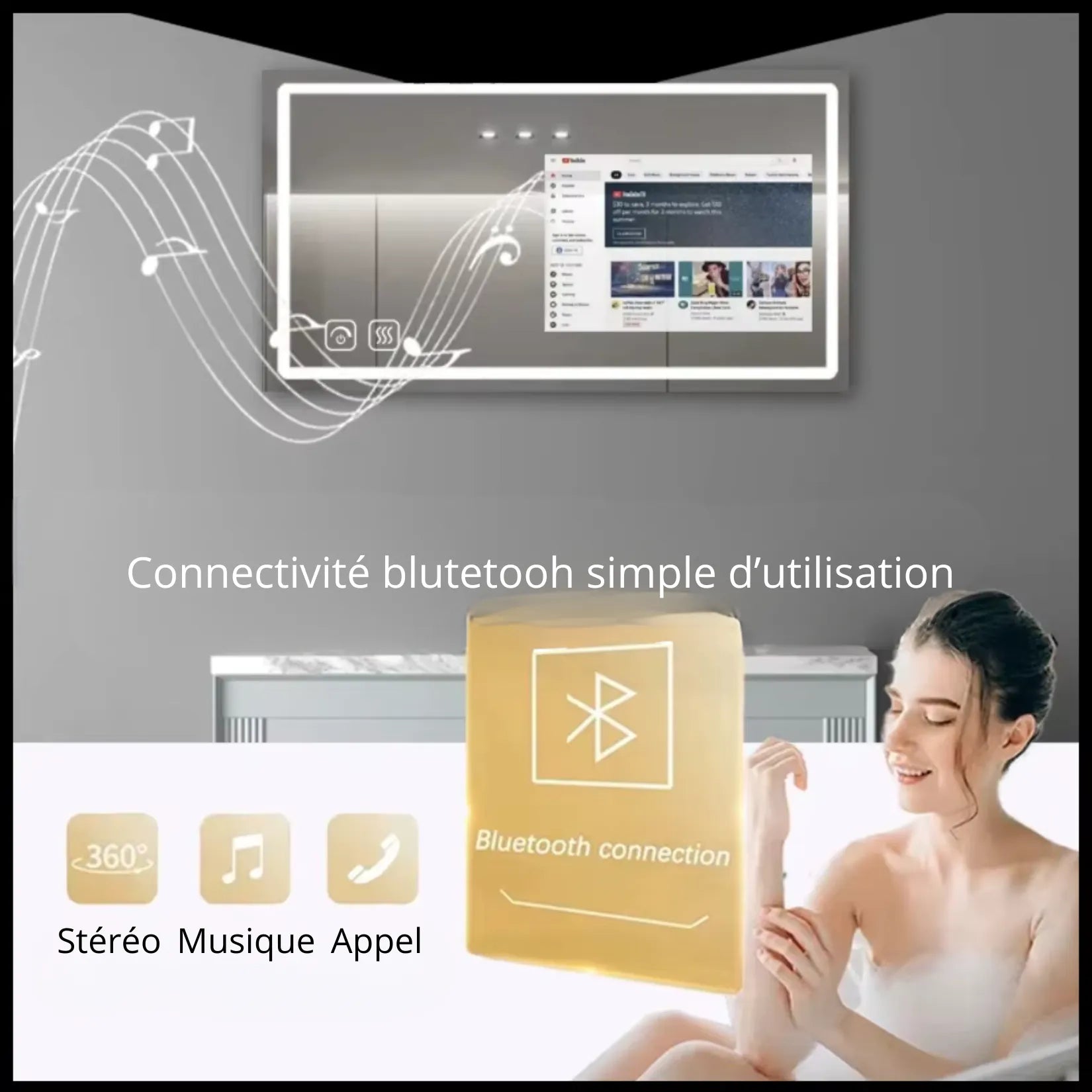 Miroir salle de bain connecté Bluetooth pour musique et appels.