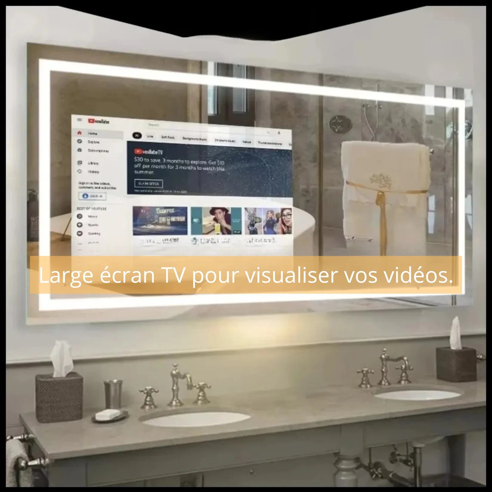 Miroir salle de bain connecté avec écran TV YouTube intégré.