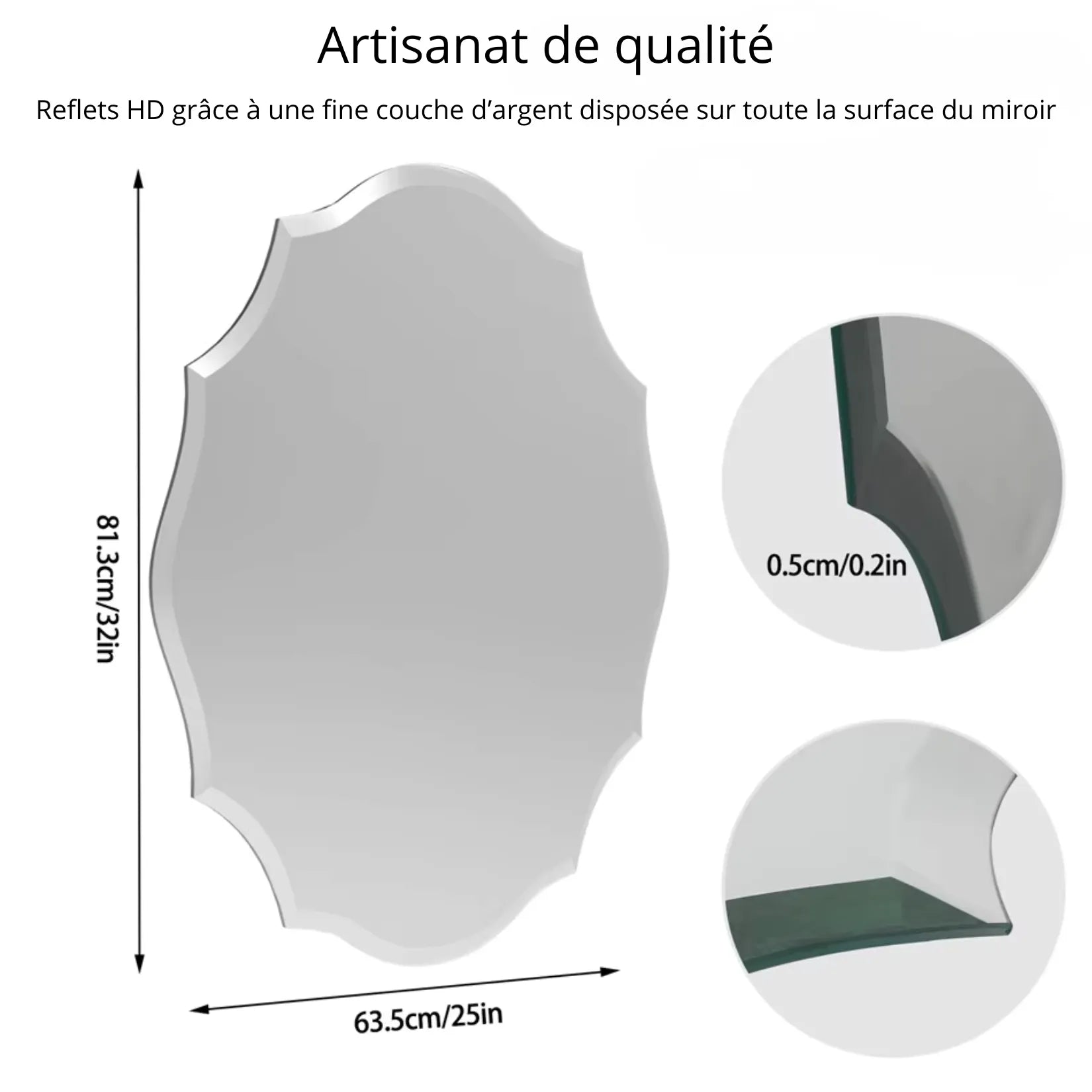 Miroir salle de bain design 81x63 cm avec détail du bord biseauté.