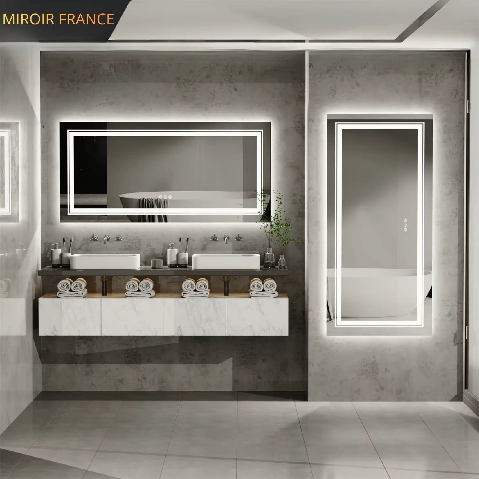 Miroir salle de bain double vasque 140x70 cm LED – ambiance béton marbre double vasque.