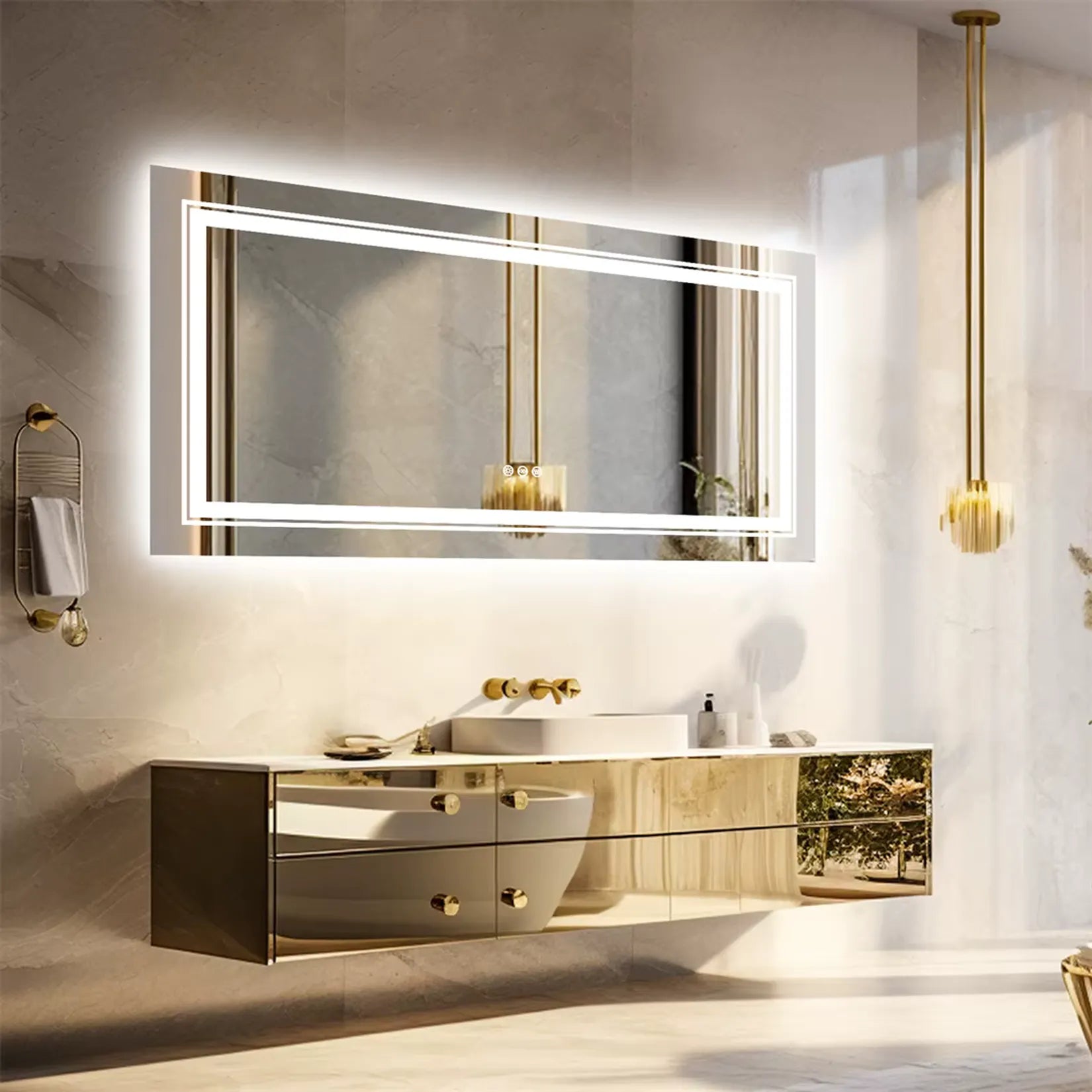 Miroir salle de bain double vasque 140x70 cm – éclairage frontal ambiance dorée luxe.