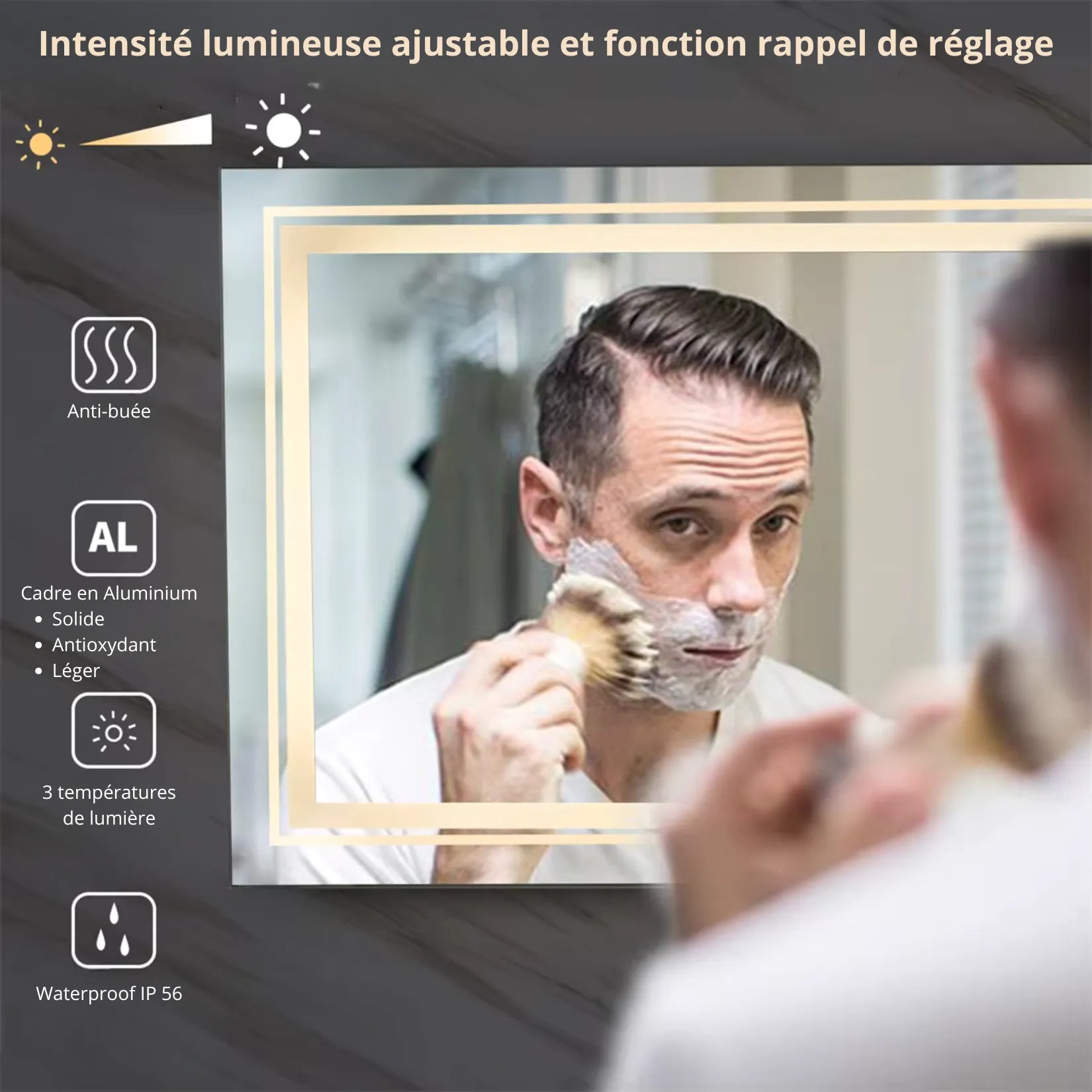 Miroir salle de bain double vasque LED – intensité ajustable fonction mémoire aluminium.