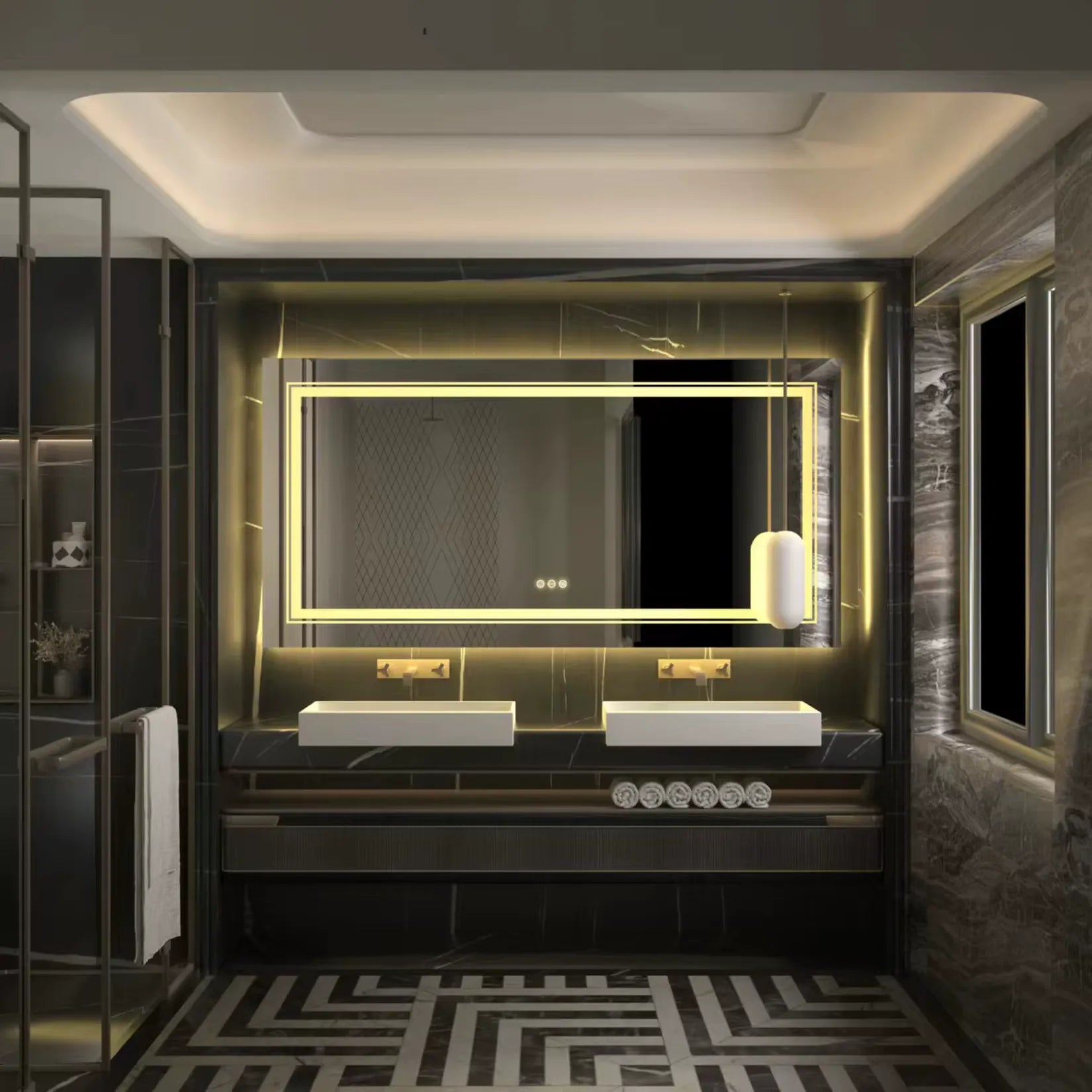 Miroir salle de bain double vasque 140x70 cm LED – ambiance luxe marbre noir doré.