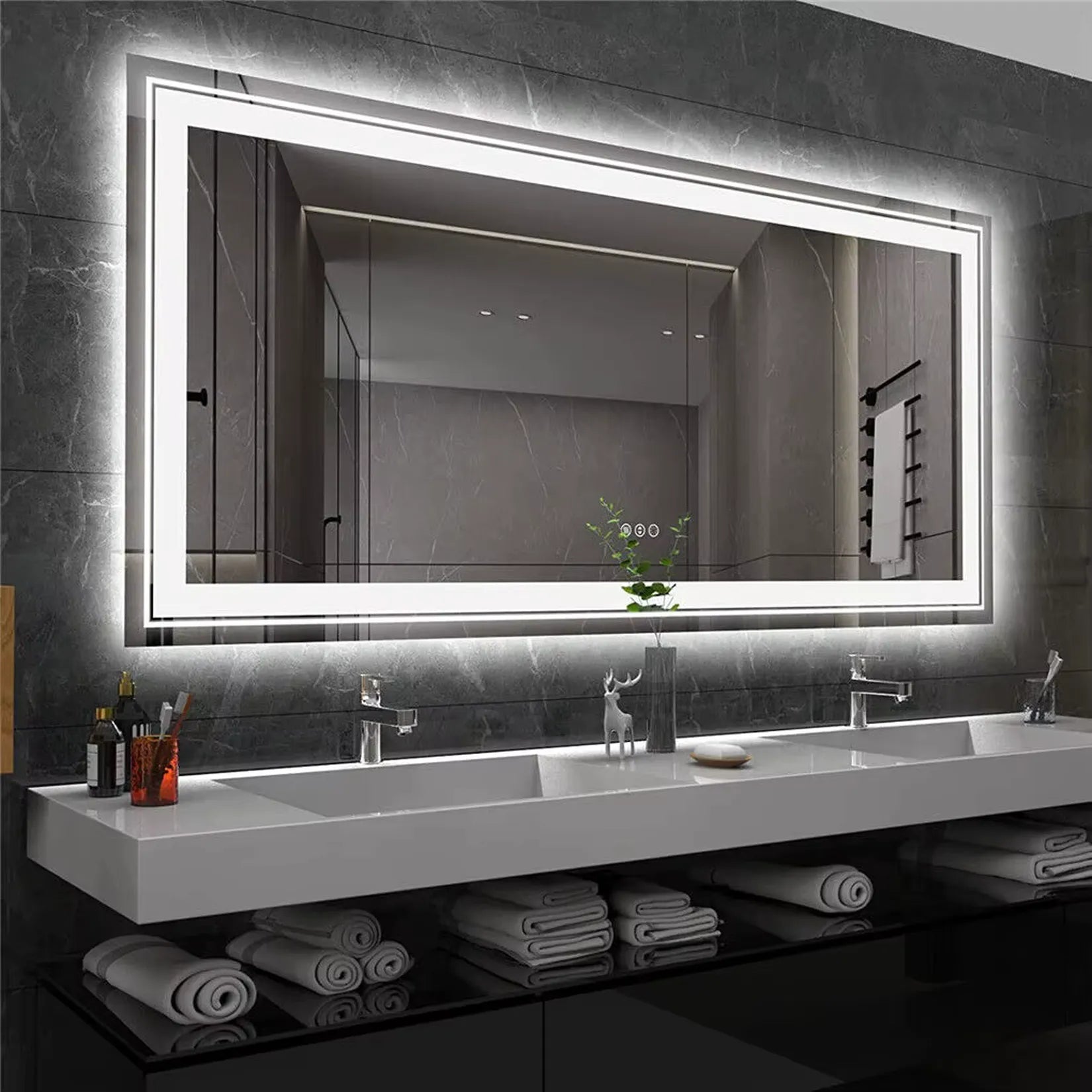 Miroir salle de bain double vasque LED rétroéclairé – double vasque marbre gris.