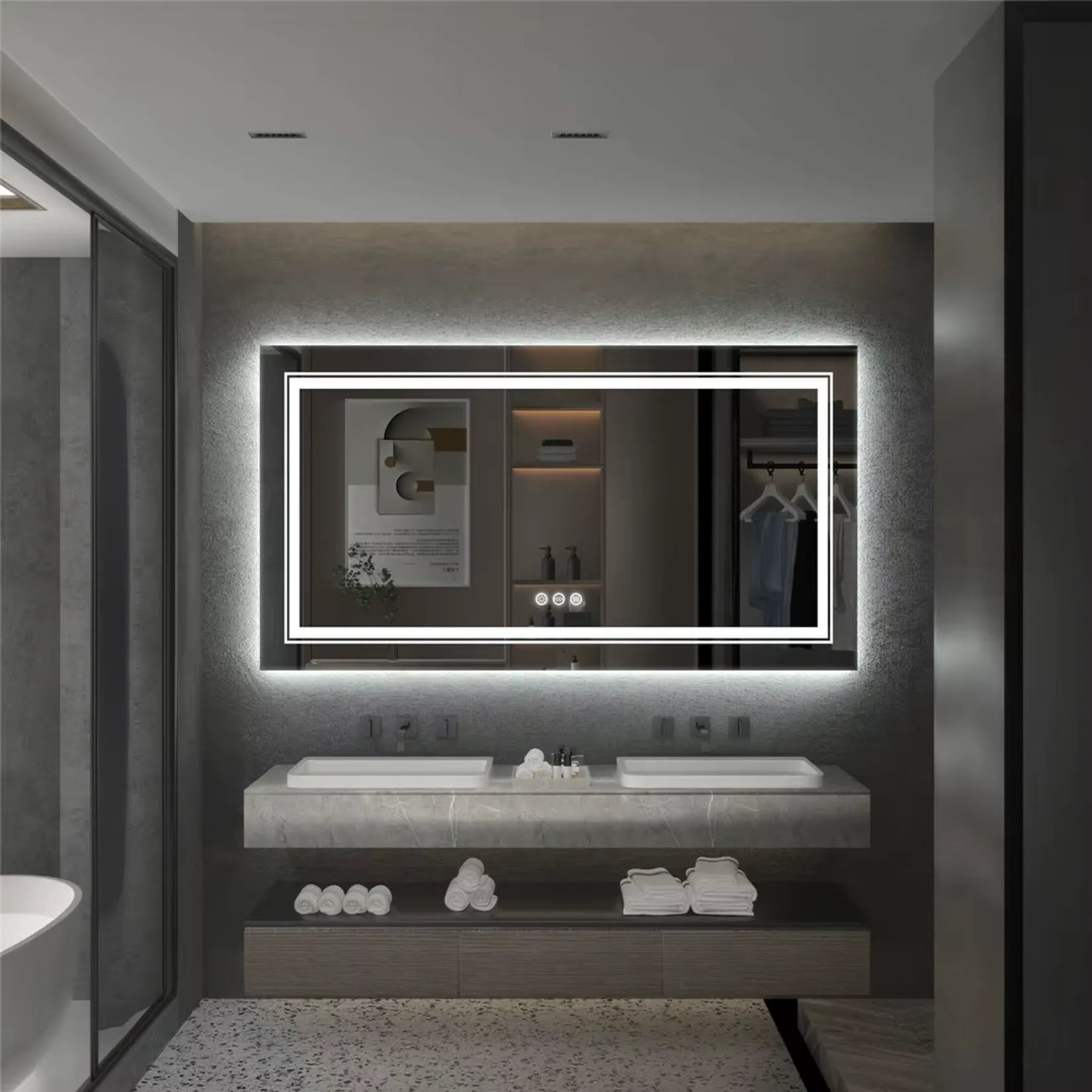 Miroir salle de bain double vasque LED 140x70 cm – rétroéclairage double vasque moderne.