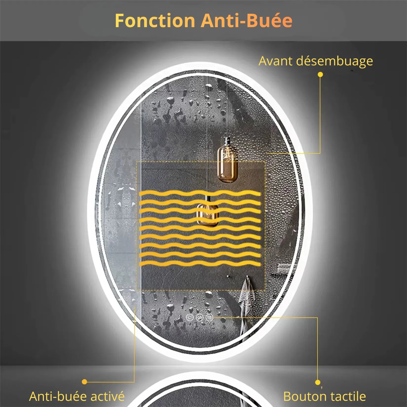 Miroir salle de bain éclairé ovale 50x70 cm – fonction anti-buée tactile 3 boutons
.